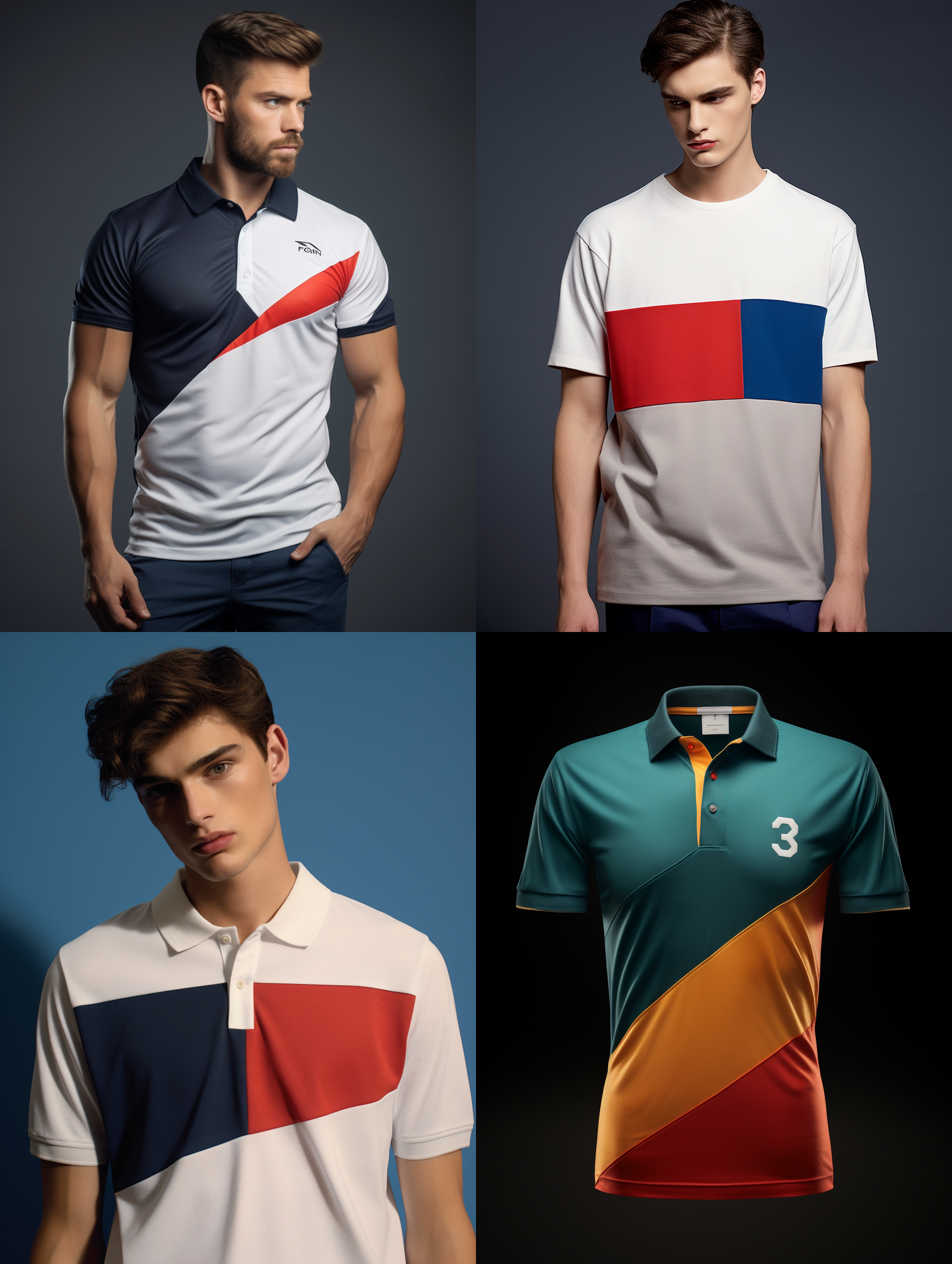 服装设计，三个颜色组成的polo衫，一行小的英文字母，国外男模物，简洁明了