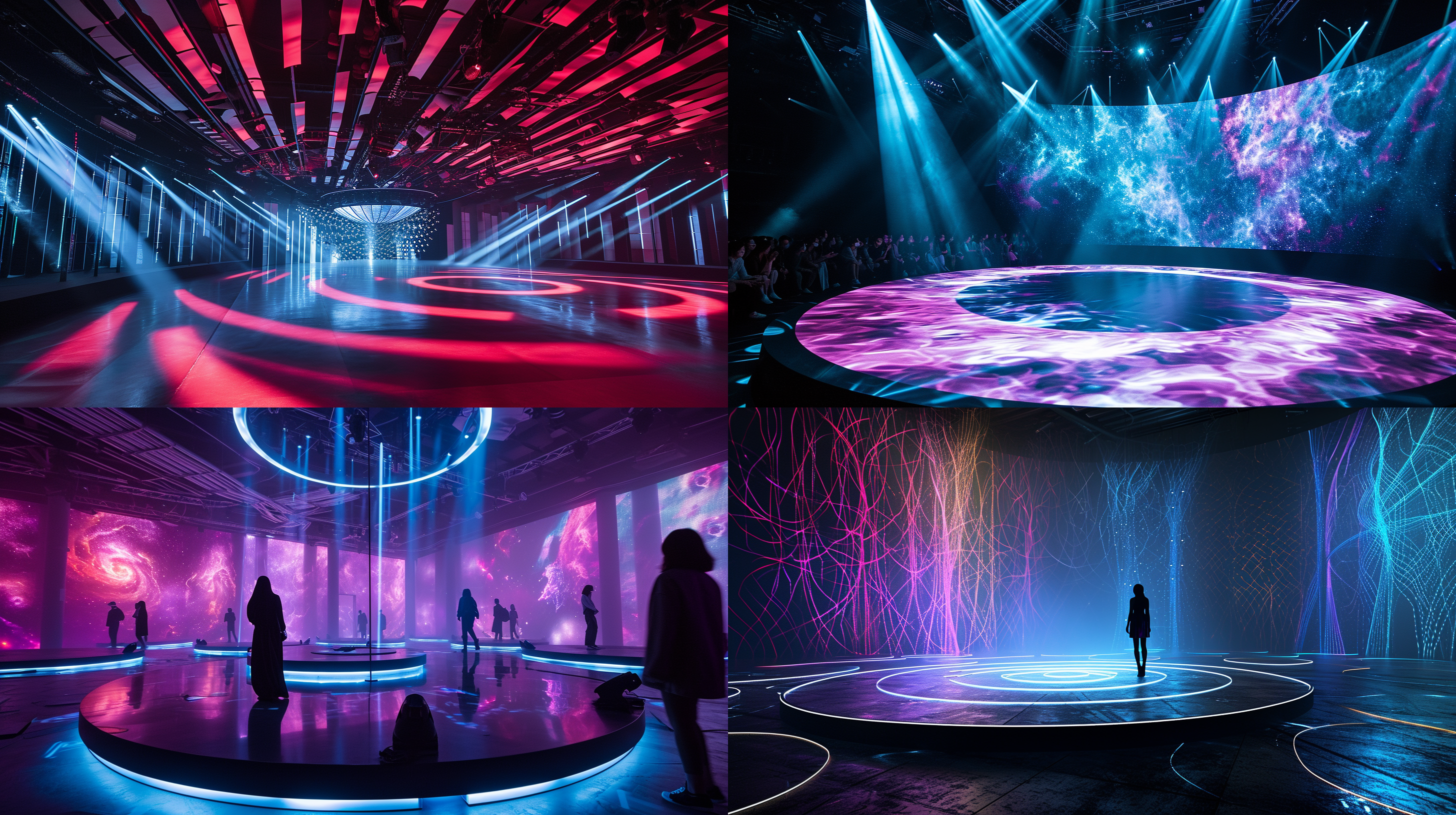 圆形走秀舞台，光线从顶部投射下来，营造出科技感和未来感。舞台布置简洁大气，背景墙呈现流动的图案，配合明亮的led灯光，营造出动感和时尚感。高饱和度的彩色灯光照亮了整个舞台，给人带来强烈的视觉冲击力和活力。