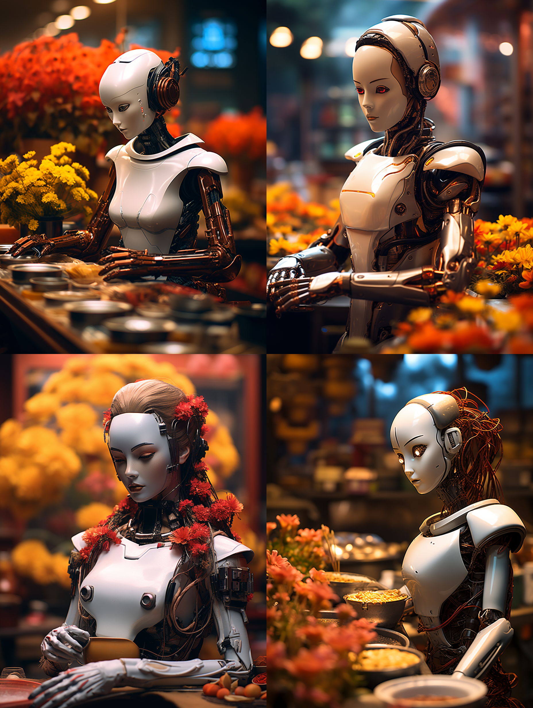 美女机器人坐在重庆火锅桌子前，摆满了一桌子的重庆火锅的菜品，翻滚的火锅汤锅，手托着腮在思考是不是敢尝尝，专业餐饮摄影，柔和明亮的灯光，顶级的人物摄影效果和画质，正面视角。颜色层次丰富，细节丰富，