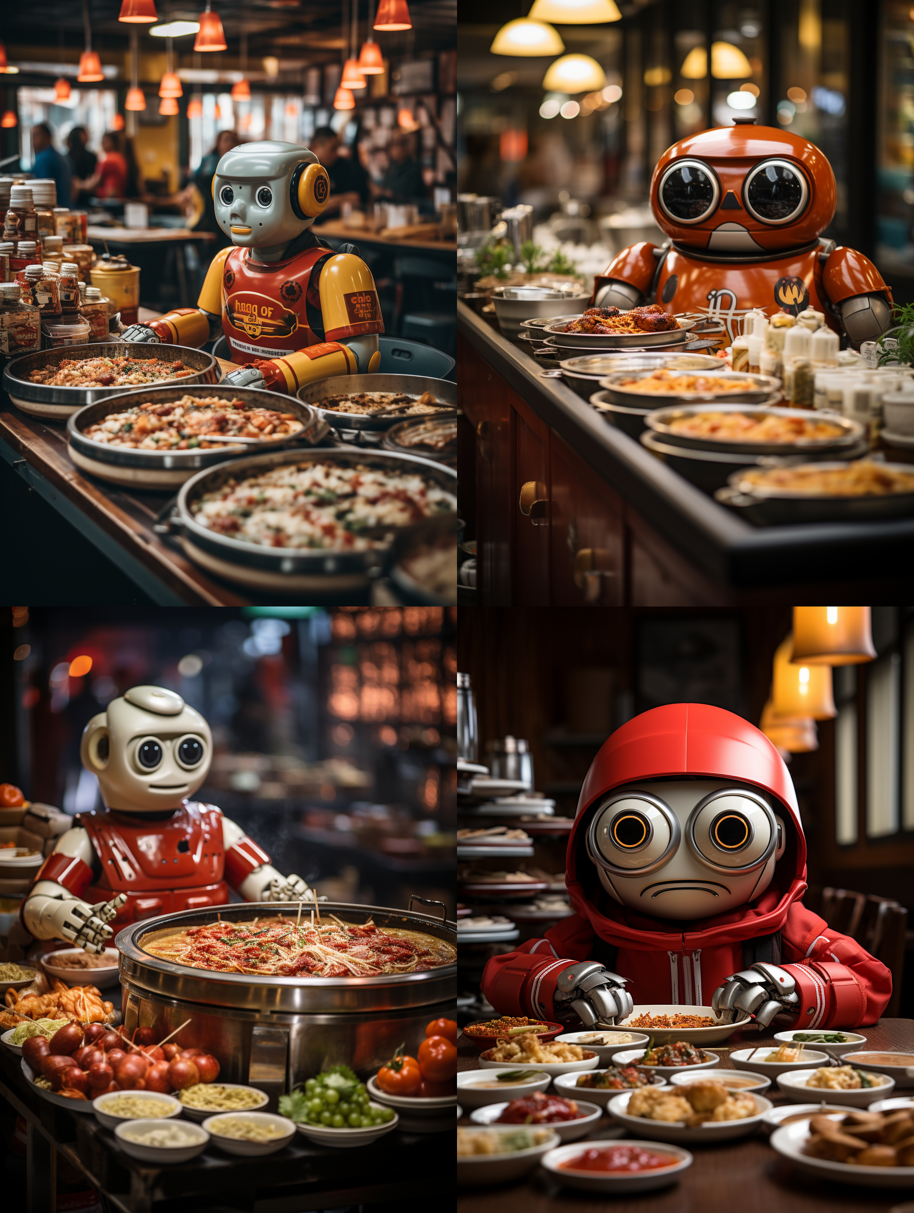 美女机器人坐在重庆火锅桌子前，摆满了一桌子的重庆火锅的菜品，翻滚的火锅汤锅，手托着腮在思考是不是敢尝尝，专业餐饮摄影，柔和明亮的灯光，顶级的人物摄影效果和画质，正面视角。颜色层次丰富，细节丰富， 