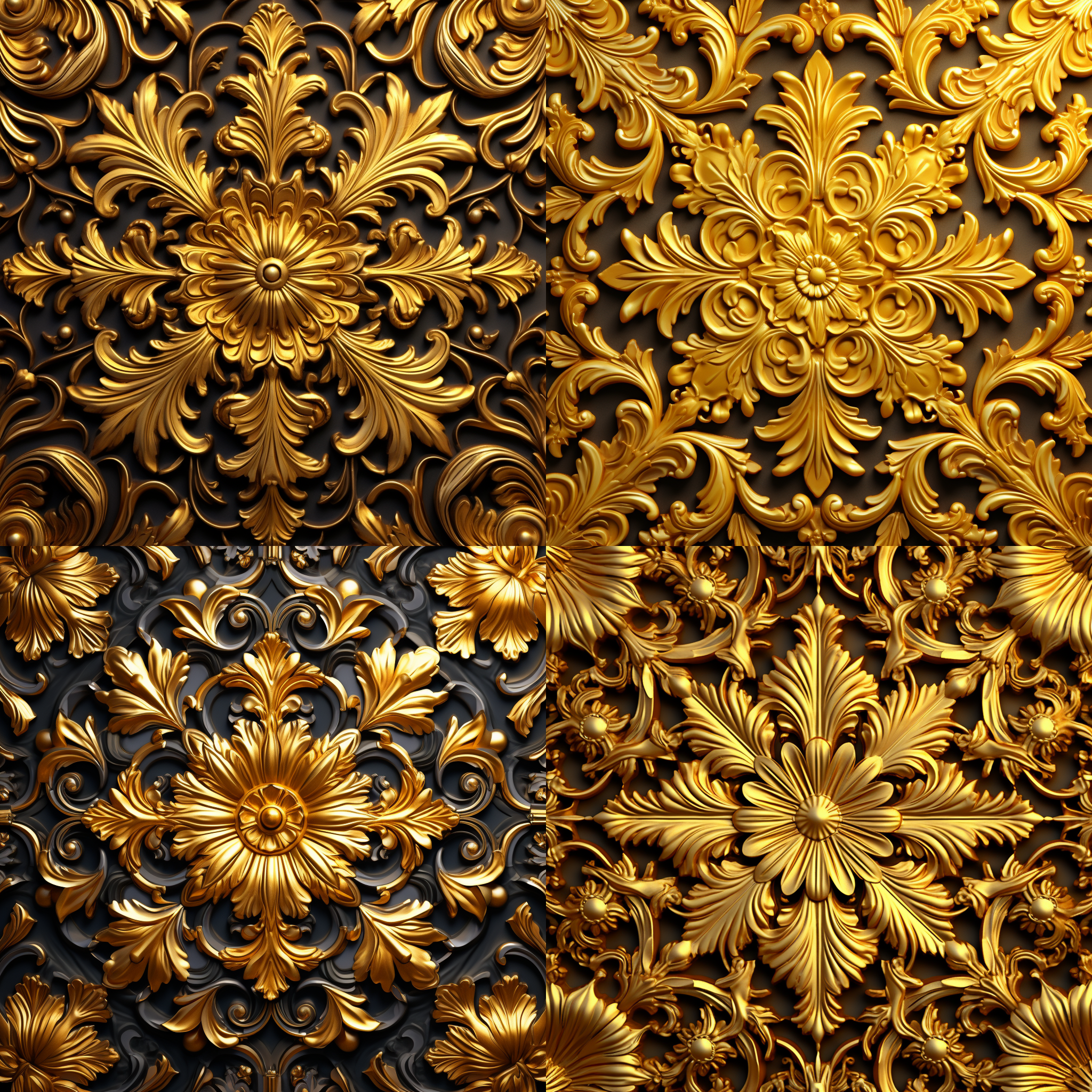 巴洛克风格的图案，立体感，金黄色，金属质感很强，一个大的图案，由多种很小的图案组成，四方连续图案，