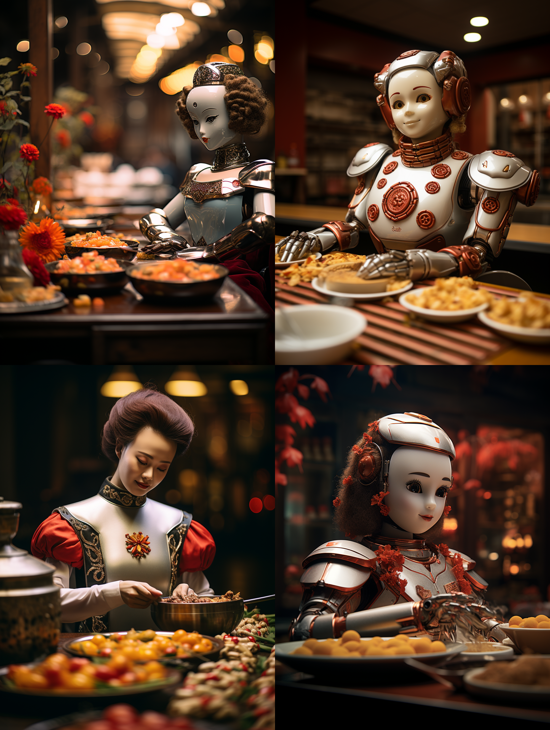 美女机器人坐在重庆火锅桌子前，摆满了一桌子的重庆火锅的菜品，翻滚的火锅汤锅，手拿筷子夹着一块从火锅里捞出的块肉，张开嘴很想尝尝，幽默 ，可爱，俏皮, 专业餐饮摄影，柔和明亮的灯光，顶级的人物摄影效果和画质，正面视角。颜色层次丰富，细节丰富，