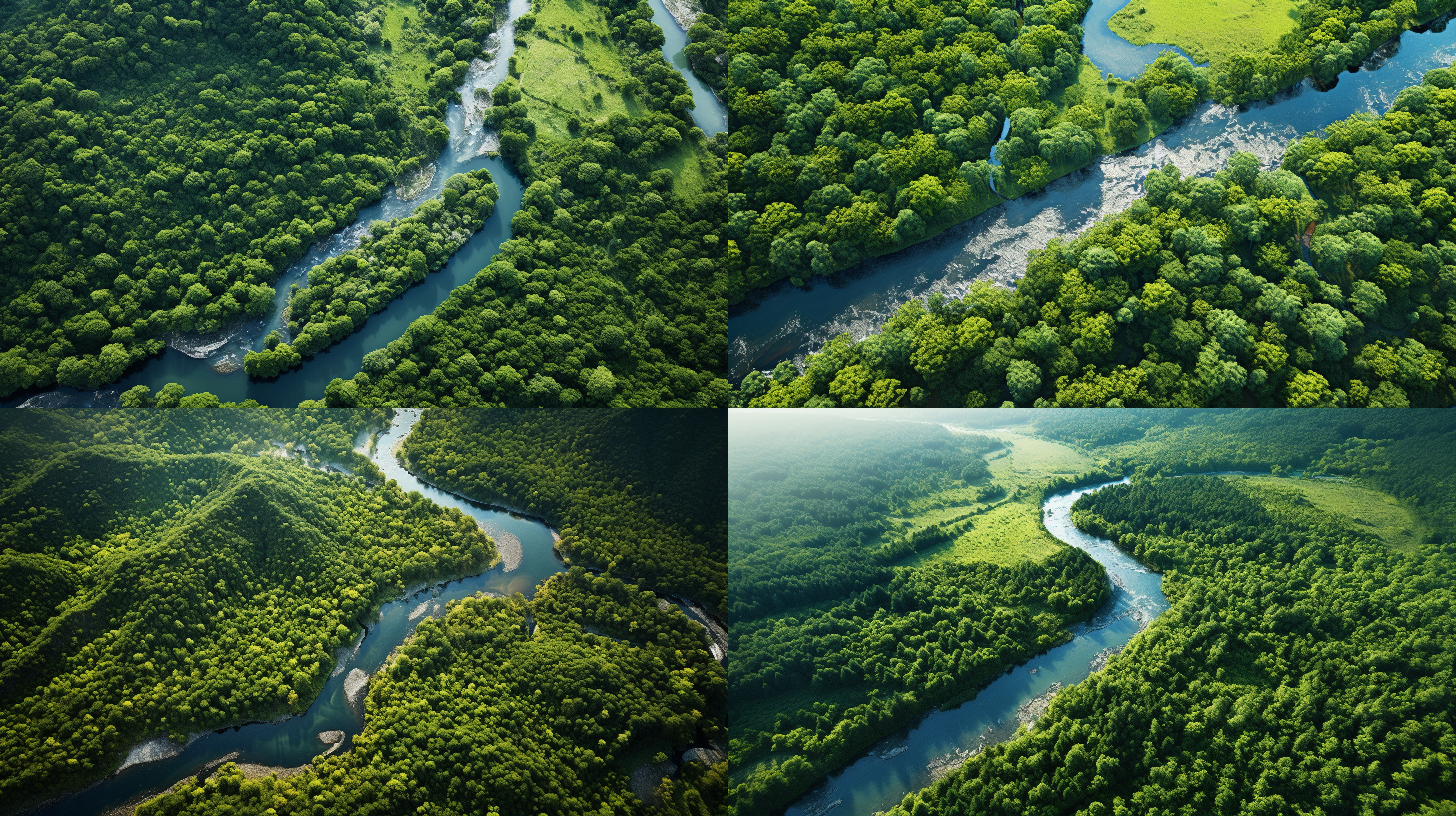 鸟瞰图，天然森林，绿树成荫，中间有弯曲的河流，高清，色彩鲜艳，绿色，全画幅相机，超清，真实，细节，