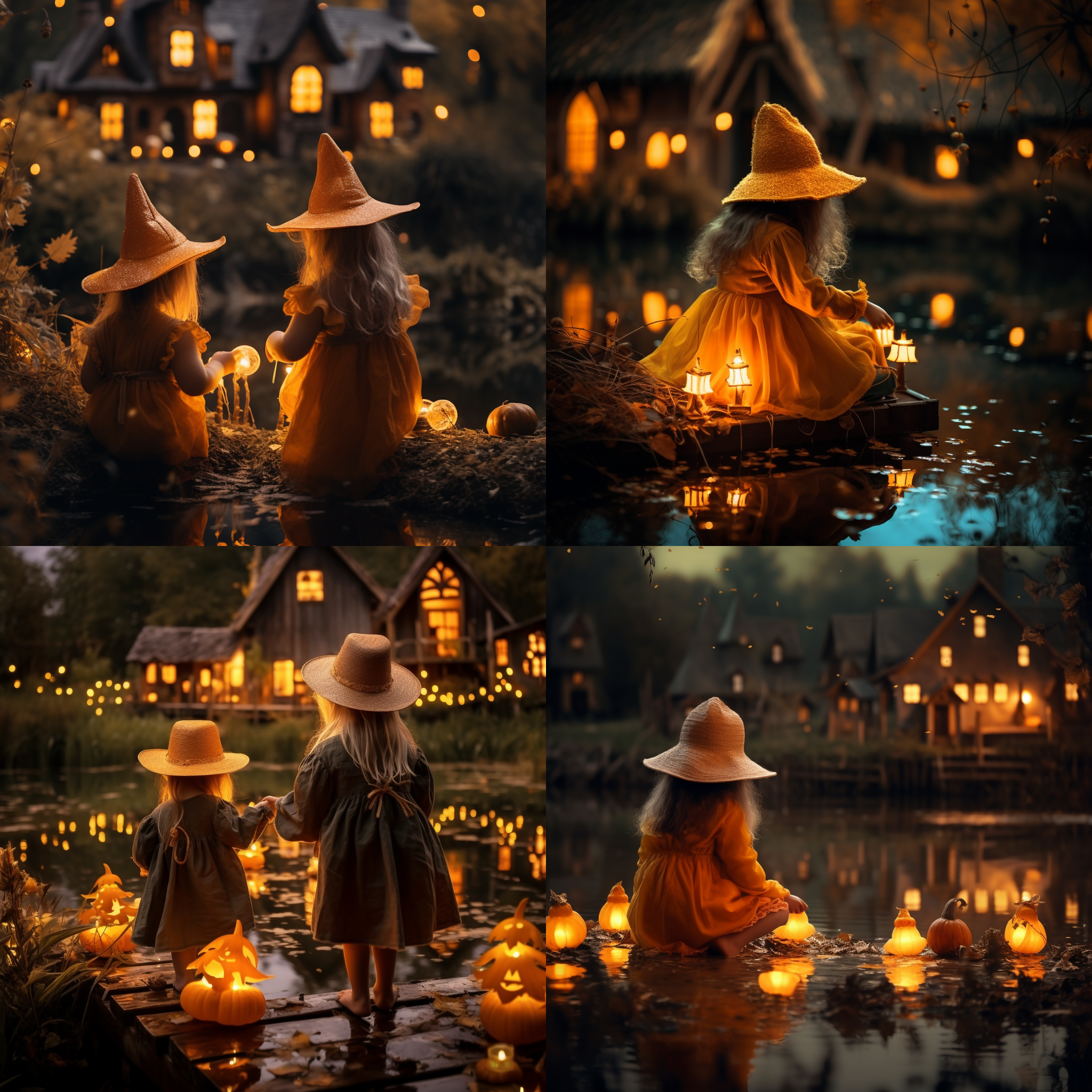 南瓜衣服，女巫帽子，小女孩，温暖，黄色的灯光，湖边，童话中的小房子