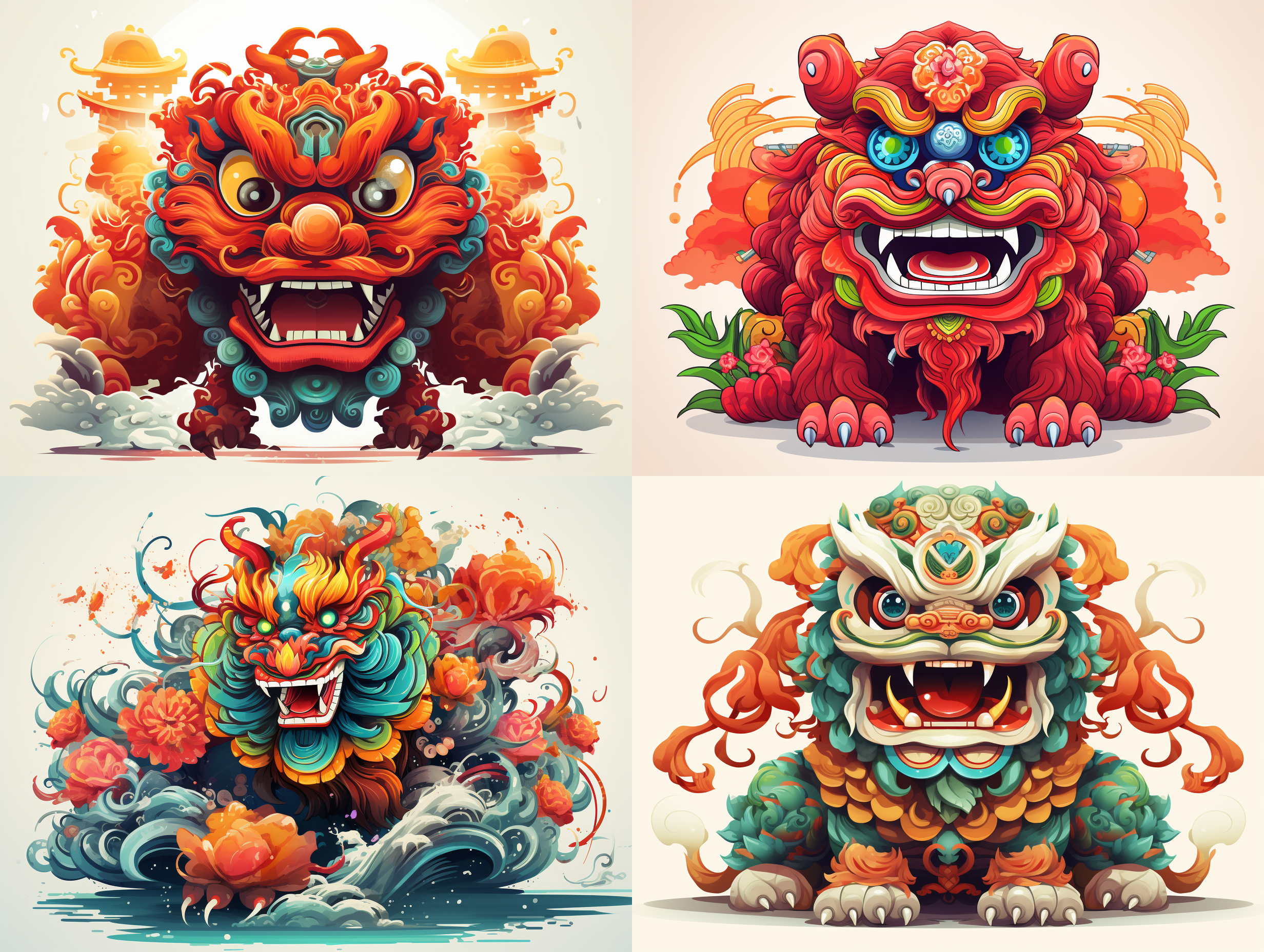 中国舞狮，年味插画，矢量图形，白色背景，等构。