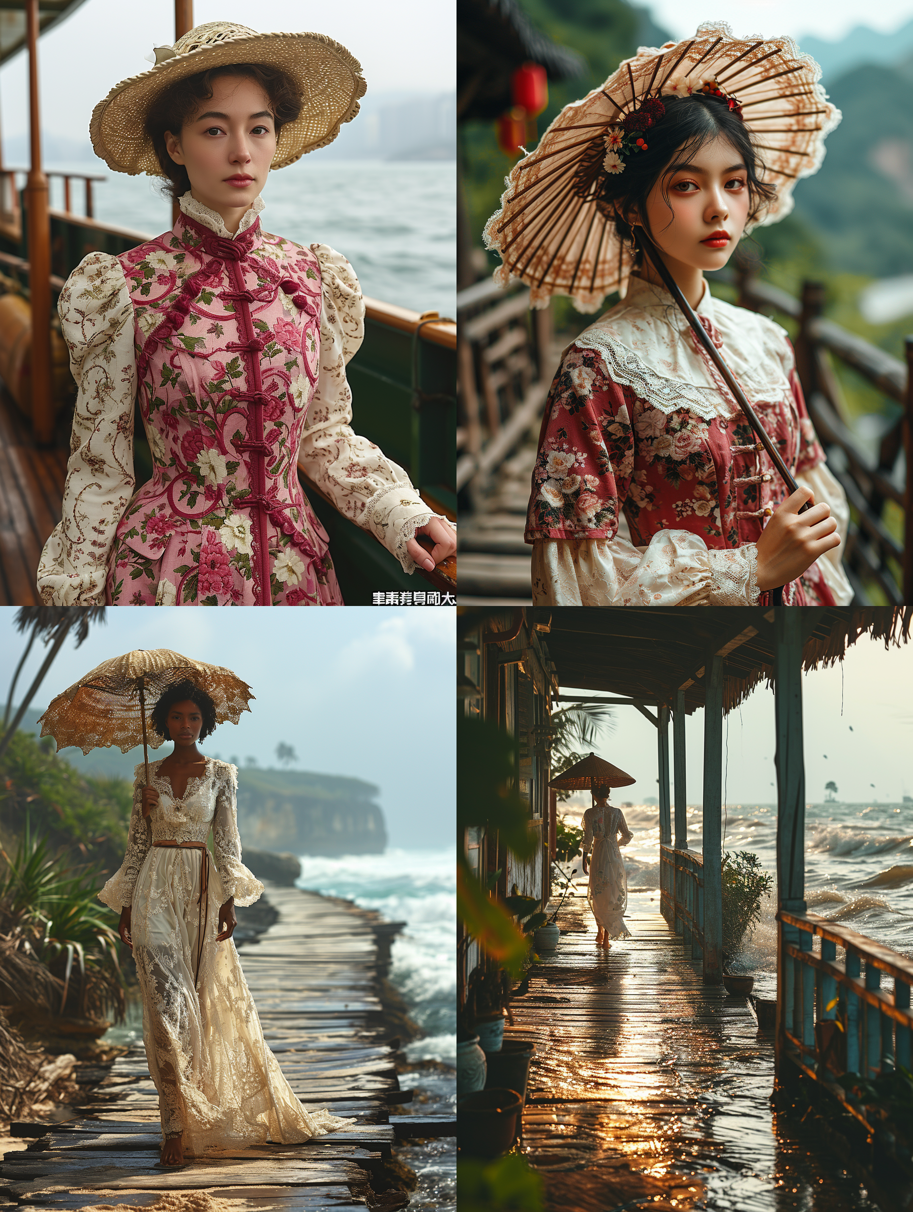 8k画质，中国绝世美女,全身照，粉色碎白花大翻领薄纱连衣裙，粉色编织遮阳帽，手持江南风的遮阳伞，站在木板栈桥上，海波浪，五官端正，长腿少女，阳光，身材苗条，沙滩，丝袜，高跟鞋,.白色大翻领薄纱连衣裙，白色编织遮阳帽，手持江南风的遮阳伞，站在海滩一片礁石上，小海波浪，远处的城市楼群，顶级专业摄影画质， 