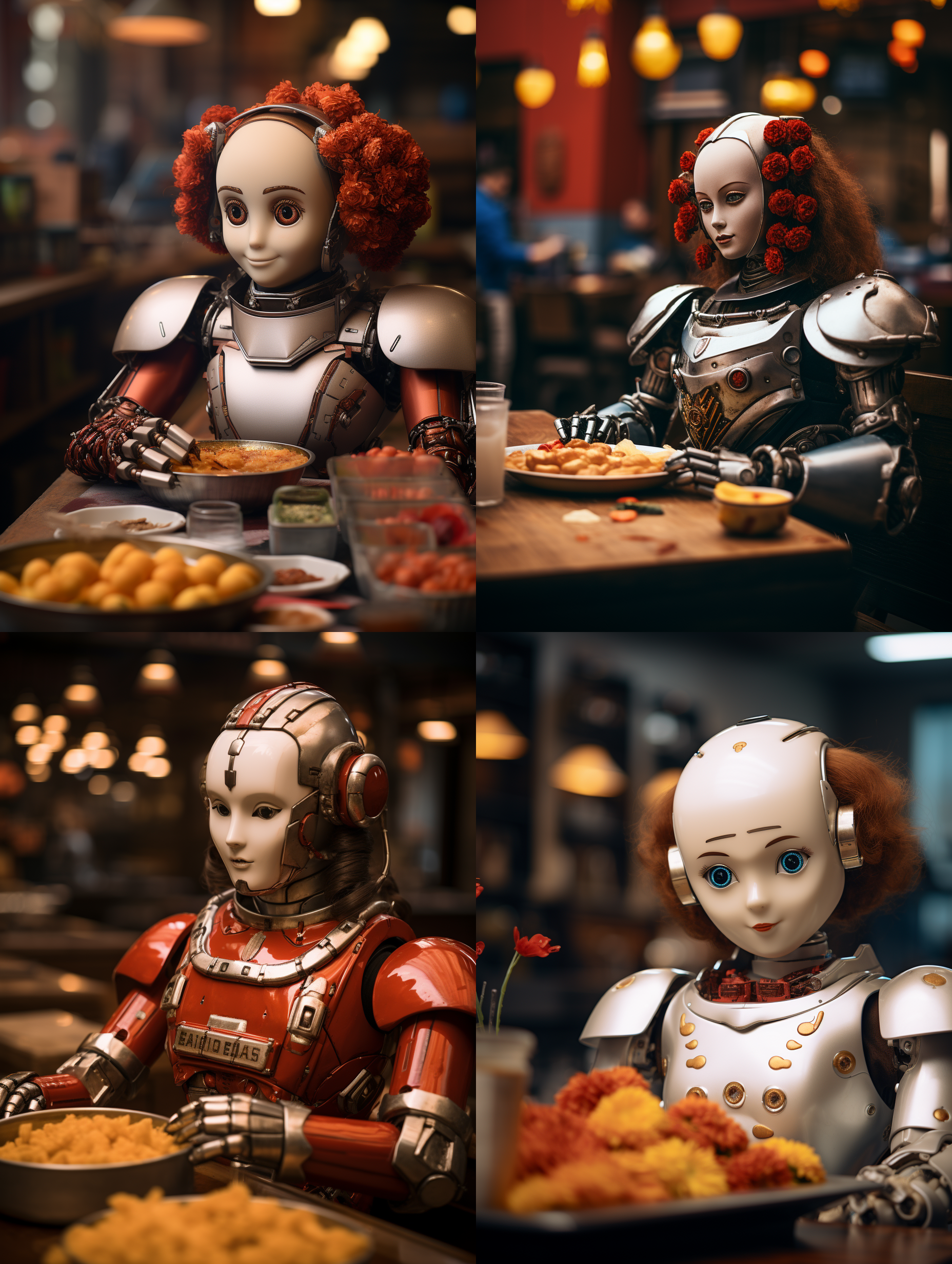 美女机器人坐在重庆火锅桌子前，摆满了一桌子的重庆火锅的菜品，翻滚的火锅汤锅，手拿筷子夹着一块从火锅里捞出的块肉，张开嘴很想尝尝，幽默 ，可爱，俏皮, 专业餐饮摄影，柔和明亮的灯光，顶级的人物摄影效果和画质，正面视角。颜色层次丰富，细节丰富，