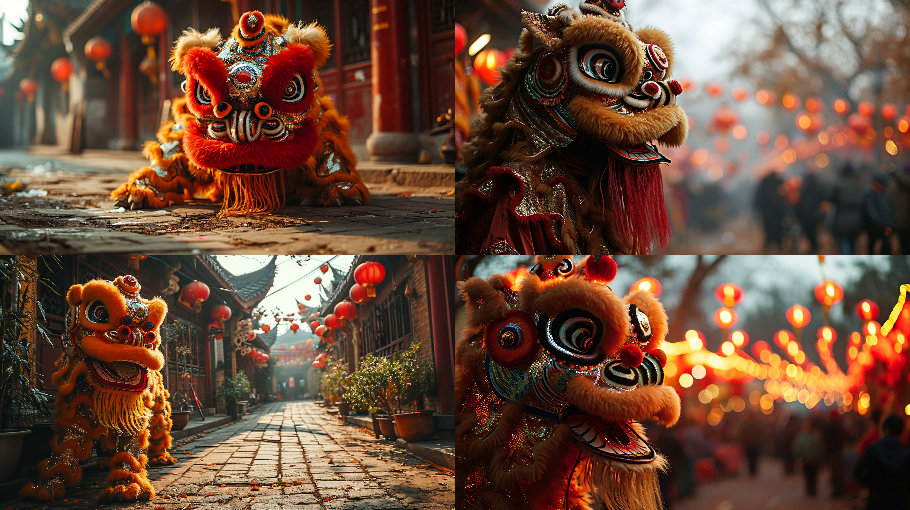 中国风舞狮，街道，真实风格