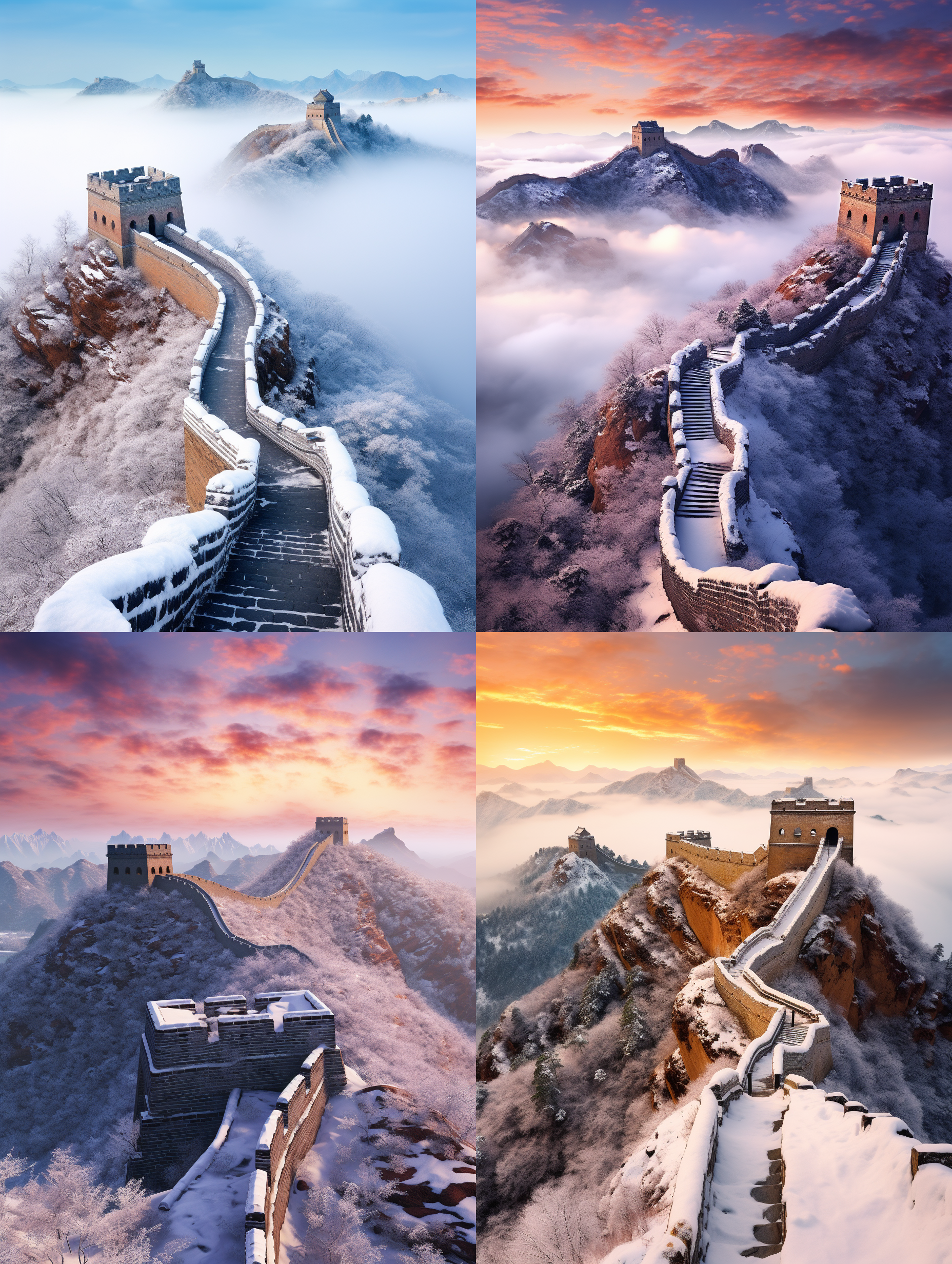以金山岭长城为主题，生成一张雪景照片，长城在云雾里若隐若现。 写实 极其精致和美丽 照片 超级高分辨率 大文件 风景