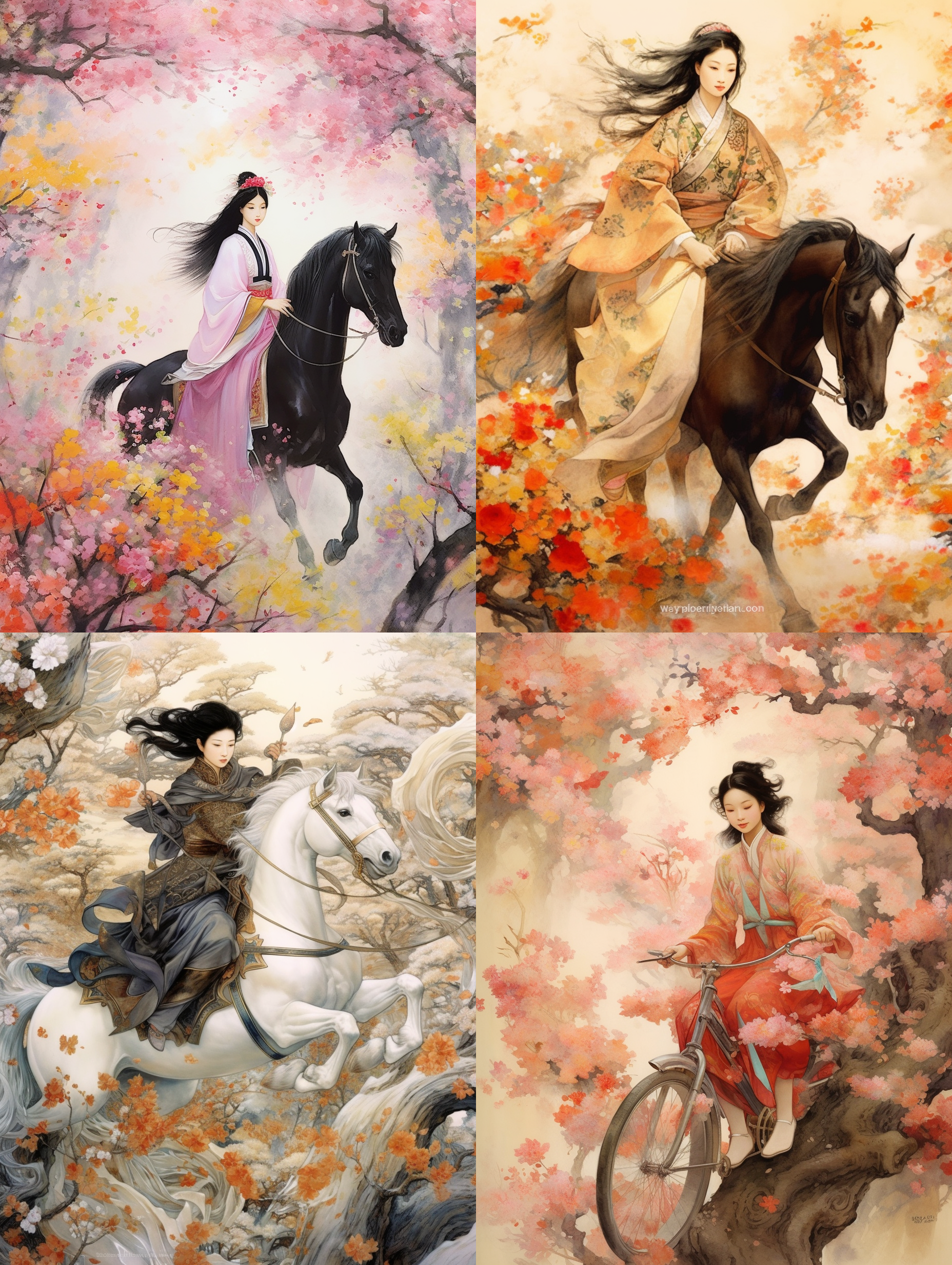 骑马穿越花海，仿宋徽宗画风，视觉中心对角线，唯美色调，水墨效果，远景透视，流畅动作，和谐氛围，古典风格，婉约情怀。