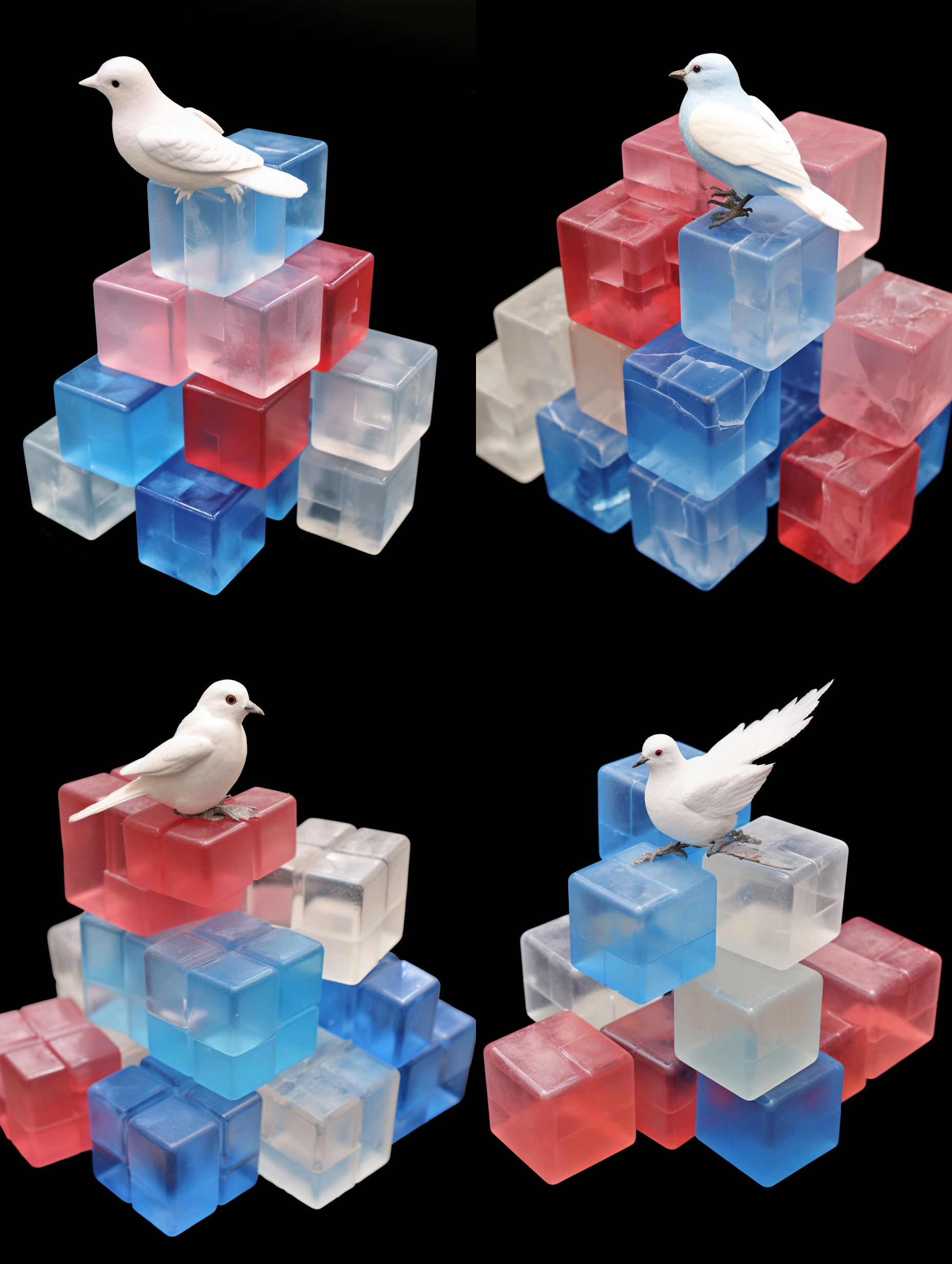 优化一下图中的装置，方块为滴胶材质，鸽子站在蓝色的方块上，不要站在红色上，在一个巨大白色的场馆内，滴胶材质的方块只有红蓝两个颜色