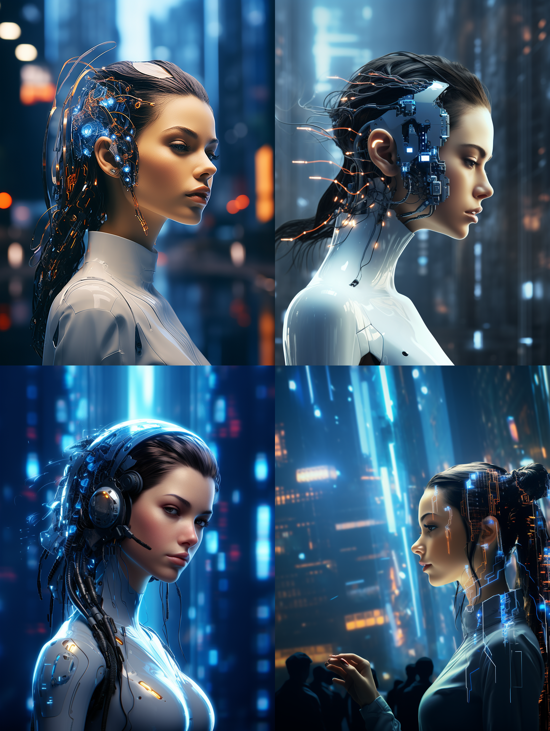 生成一组以ai科技为代表的形象广告，画面体现ai智能机器人，智能芯片电路，大数据运算，ai科技与城市和乡村的应用特征等科技元素，使用科技蓝为主色调，体现强烈的科技感和未来感，顶级的画质，现代风的广告设计，体现科技美学，艺术美学，唯美，色彩饱和层次丰富，画面细节丰富