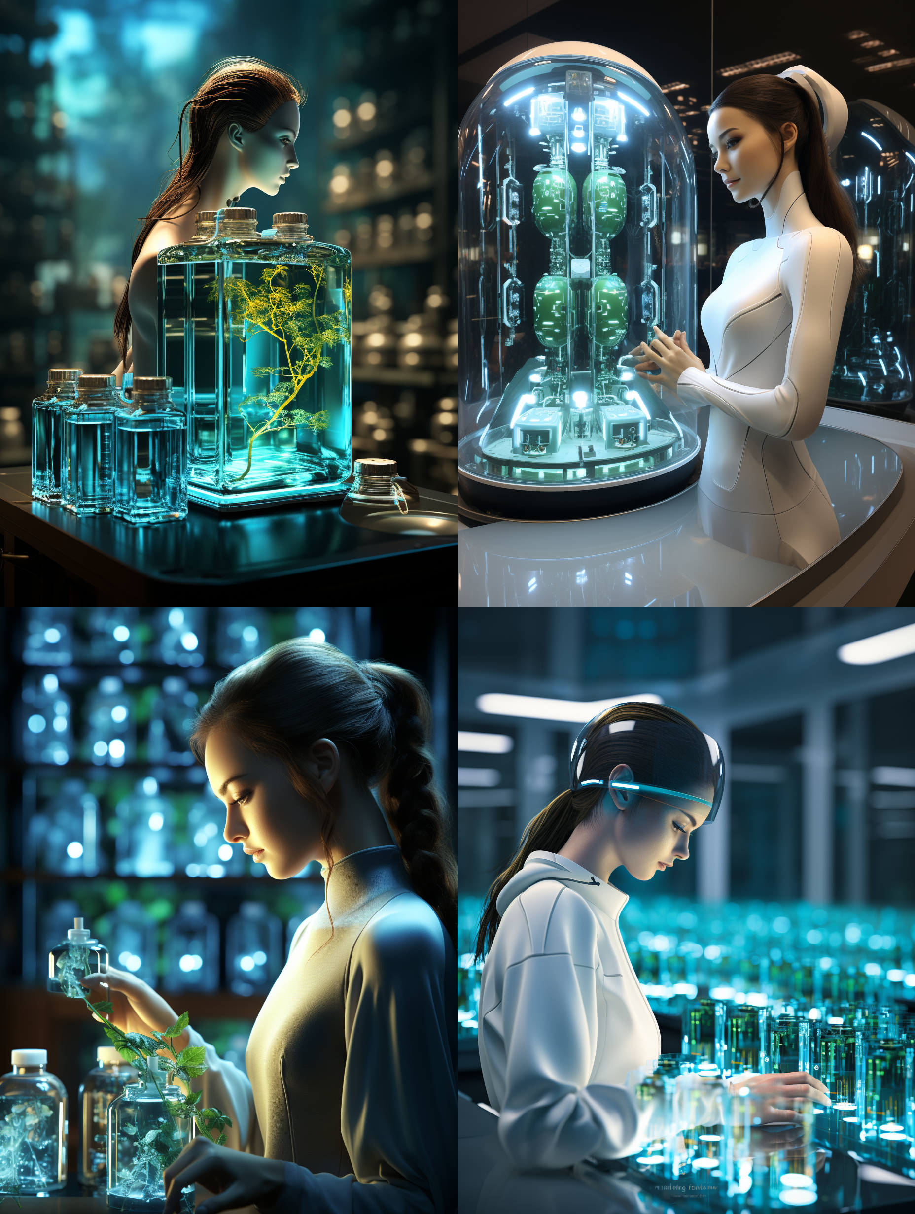 一个生命科技研究实验室的实验台上，实验室里摆满了各种生物科技实验设备仪器，玻璃容器里放着翠绿色的串叶松香草，一名ai美女机器人手持一个实验装有从串叶松香草中提取的超氧化物岐化酶（sod）液体，科技美学，顶级的画面质感，科技美学，蓝绿色调为主，充分体现科技感，顶级的摄影效果，唯美，