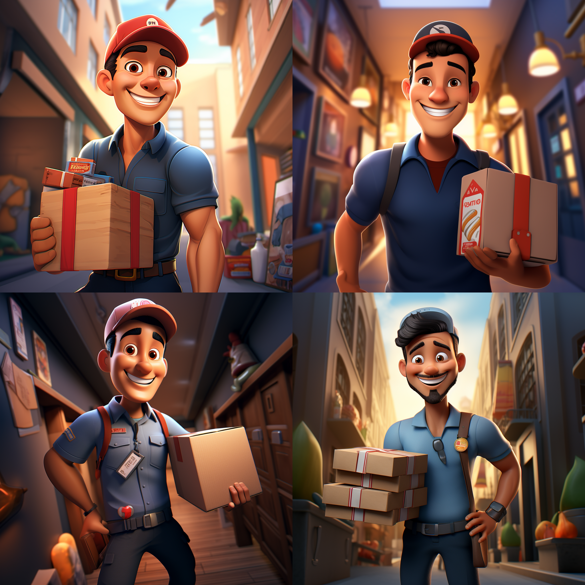 一个卡通外卖员拿着一个盒子并对着镜头微笑，体积照明，人物肖像，adrian zingg，照片写实主义，鱼眼透视效果强烈，色彩丰富饱满