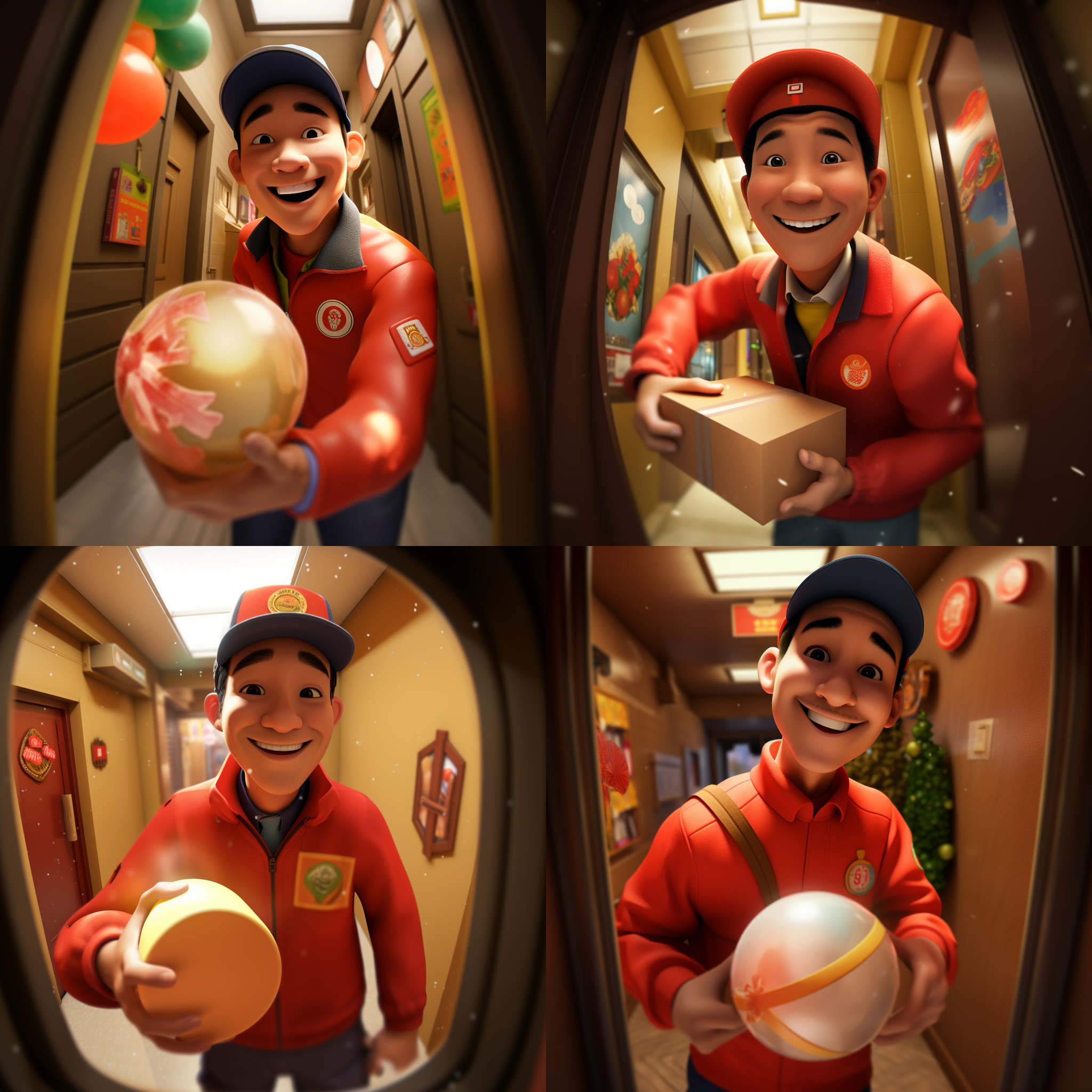 卡通外卖员微笑，鱼眼镜头电梯走道，传递着温暖和喜庆的情感。拿着盒子，镜头对准，照片写实主义，鱼眼透视，体积照明，肖像，adrian zingg，色彩丰富，饱满，温暖，喜庆。