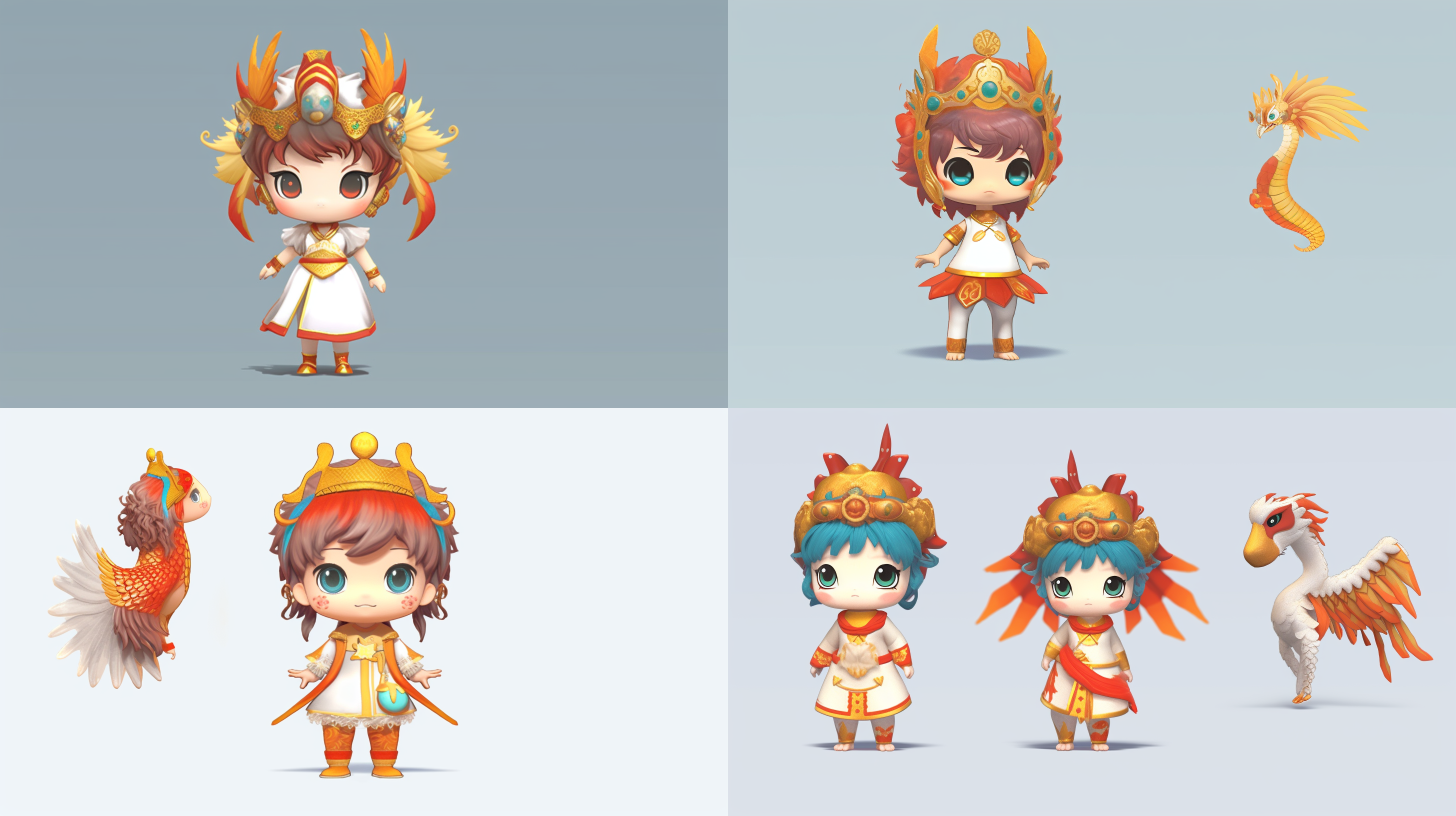 generate 3 views, rich in traditional chinese costumes, cute little girl with chinese dragon horns and chinese dragon tail, 3d model, c4d renderer, clean background. 3 view layout, chinese traditional costume, chinese dragon design, 3d model rendering, c4d renderer, clean background, clear details, high saturation, bright light, gorgeous colors, three-dimensional.