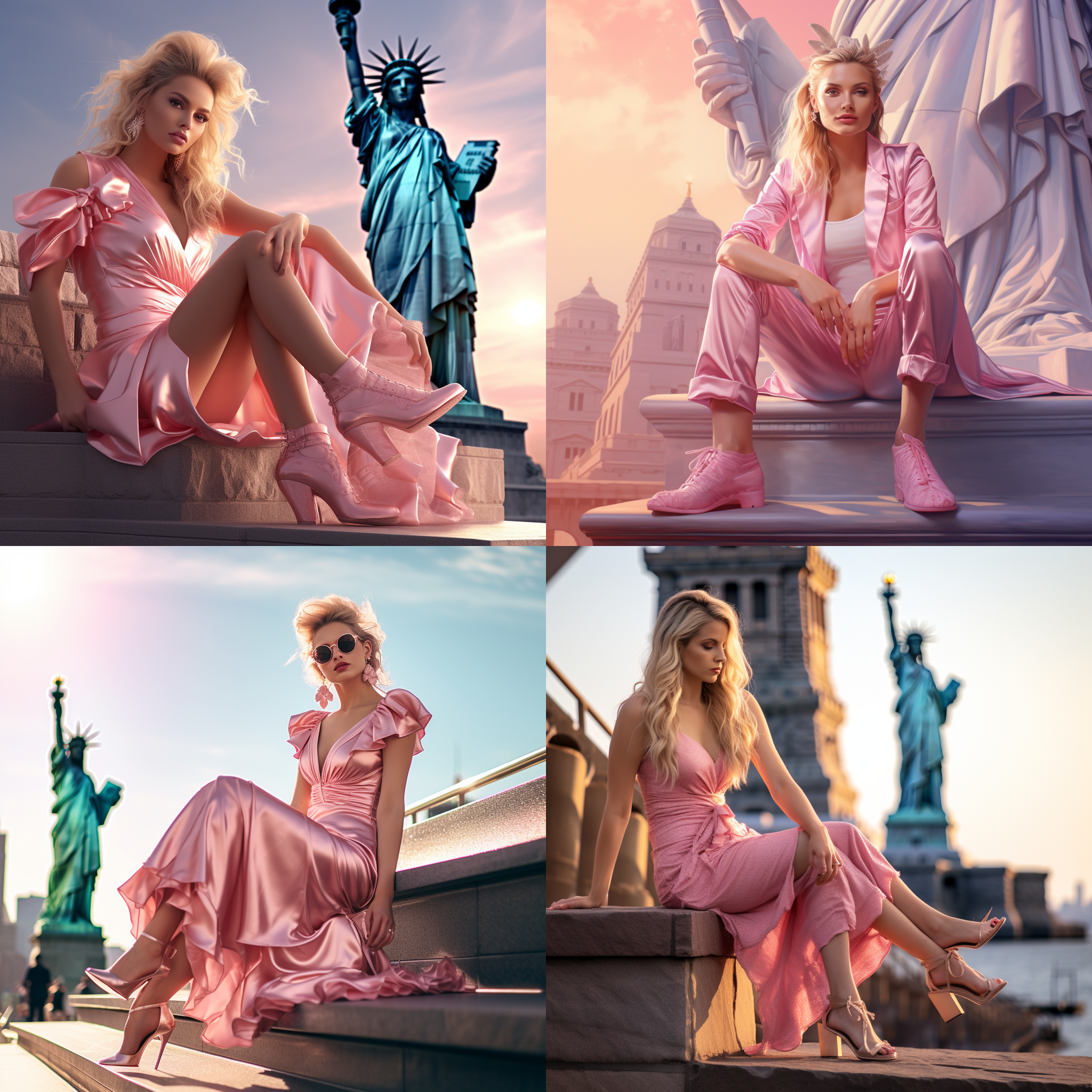 一个漂亮的金发女孩，穿着粉色的时装，坐在台阶上，背景自由女神，阳光照射出金色的氛围，她专注的看着她的鞋子，银色等奢侈风格的高跟鞋，凉鞋，运动鞋，她的脸上洋溢着幸福的笑容