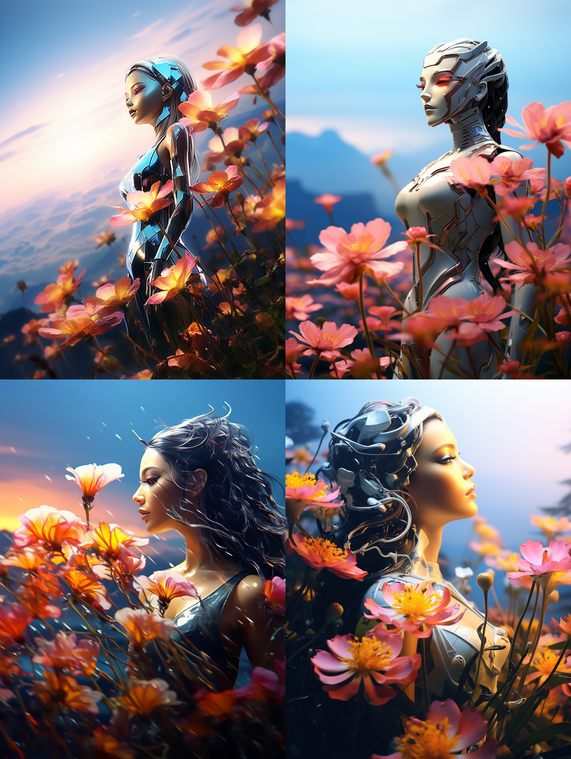 一个机器人美女在一片花海里双手张开，头仰望天空，从手里释放很多彩色蝴蝶，远处是湛蓝的湖水，巍峨挺立的群山和森林，倒影，