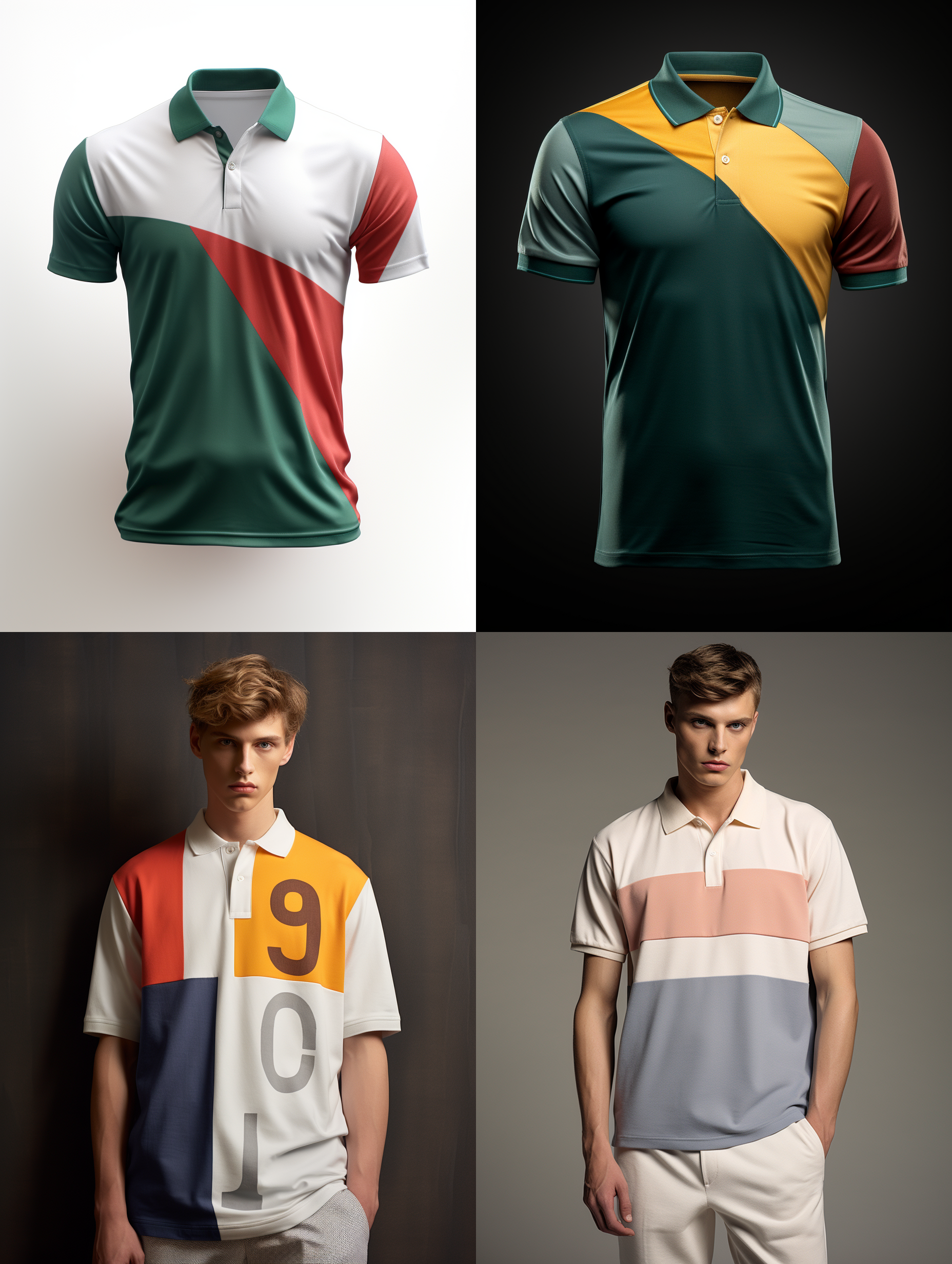 服装设计，三个颜色组成的polo衫，一行小的英文字母，国外男模物，简洁明了
