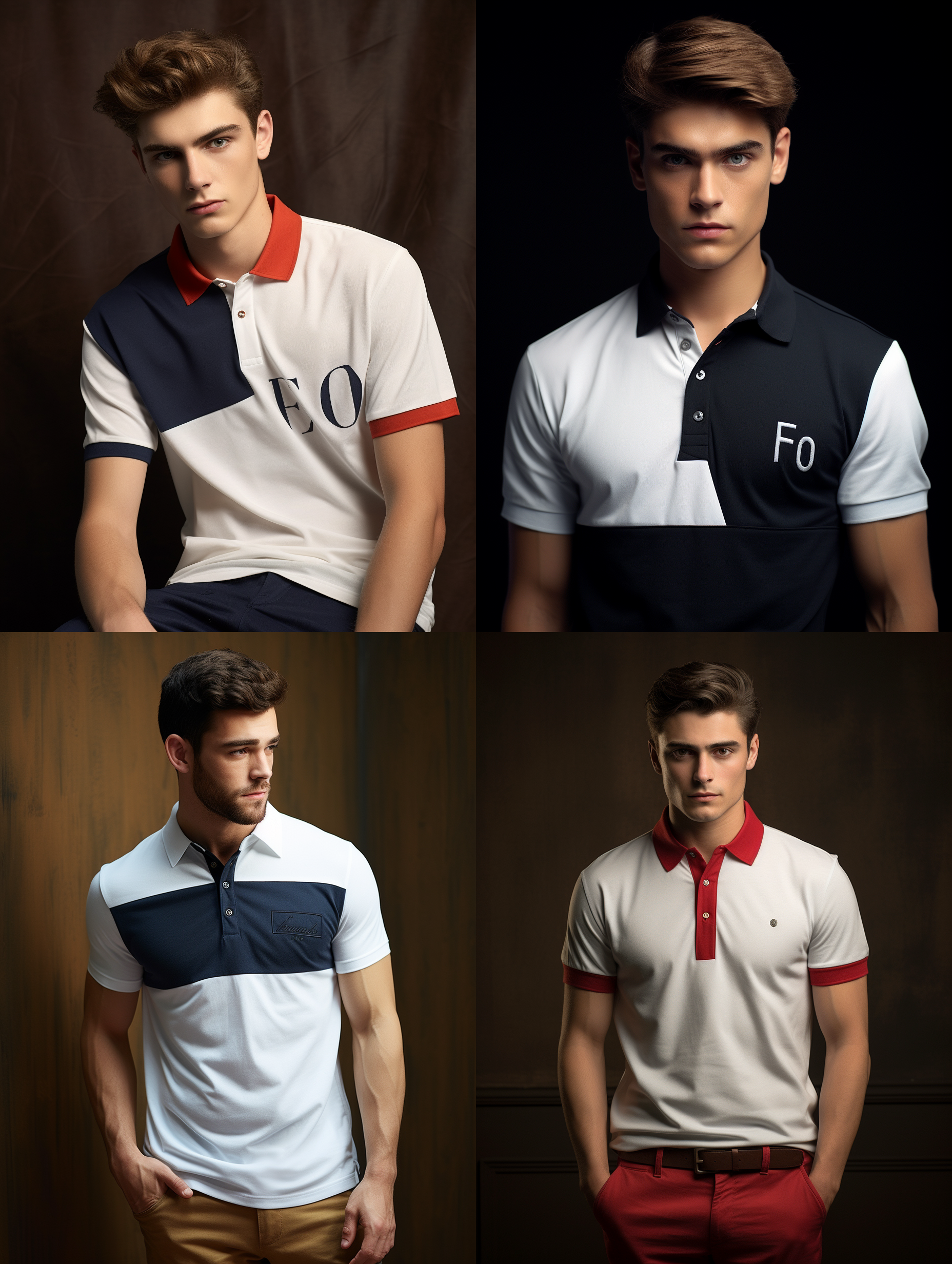 服装设计，二个颜色组成的polo衫，一行小的英文字母，国外男模物，简洁明了，
