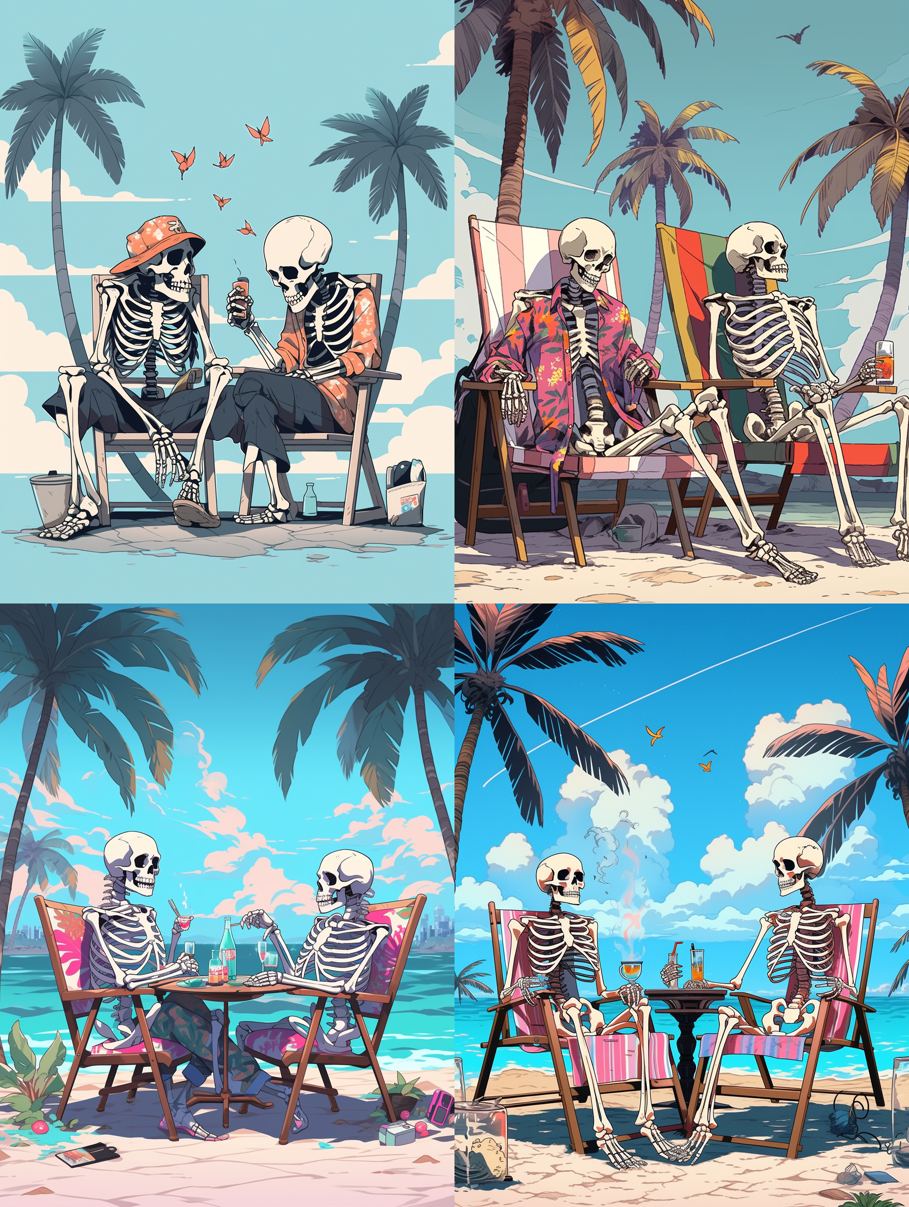 二个骷髅人在海边渡假在扑克玩，身在海边沙滩的躺椅上，穿着短衣短裤，叼着一支烟，蓝色的海水，晴朗的天空，棷树在海边，整个画面颜色艳丽