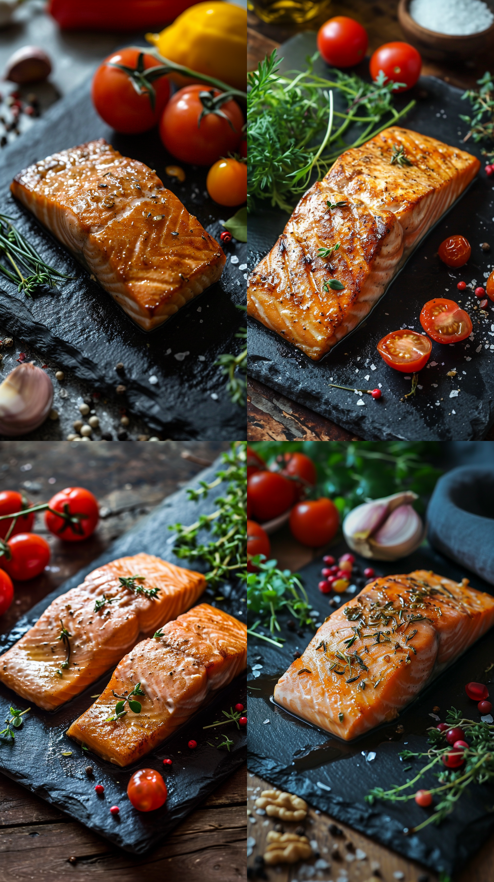 香煎三文鱼：在一个简约的北欧风格厨房里，一块新鲜的三文鱼被放在黑色的石板上，鱼肉表面金黄酥脆，内部鲜嫩多汁。旁边摆放着一些蔬菜和香草，色彩鲜艳，让人看了就胃口大开。