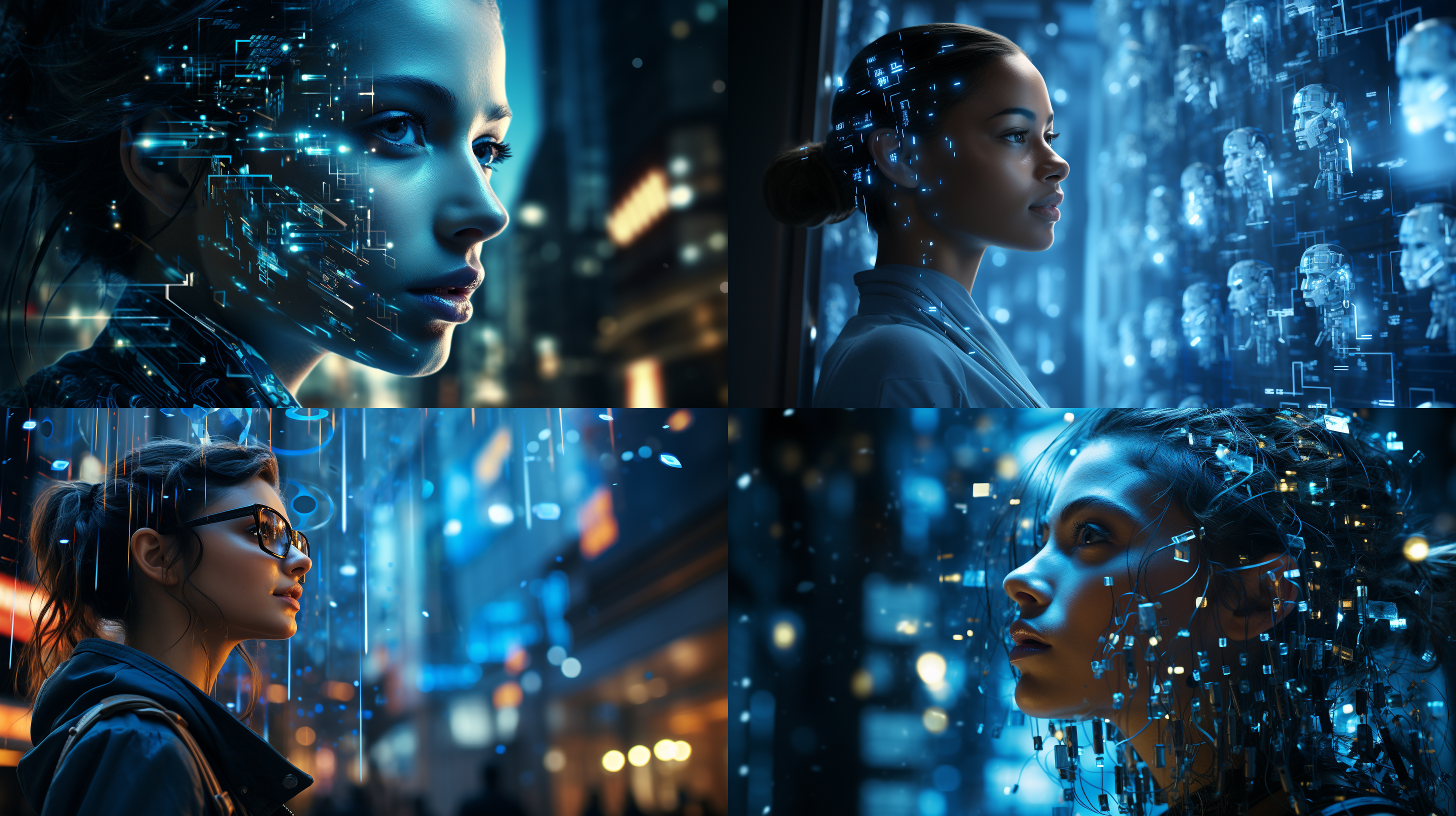 生成一组以ai科技为代表的形象广告，画面体现ai智能机器人，智能芯片电路，大数据运算，ai科技与城市和乡村的应用特征等科技元素，使用科技蓝为主色调，体现强烈的科技感和未来感，顶级的画质，现代风的广告设计，体现科技美学，艺术美学，唯美，色彩饱和层次丰富，画面细节丰富