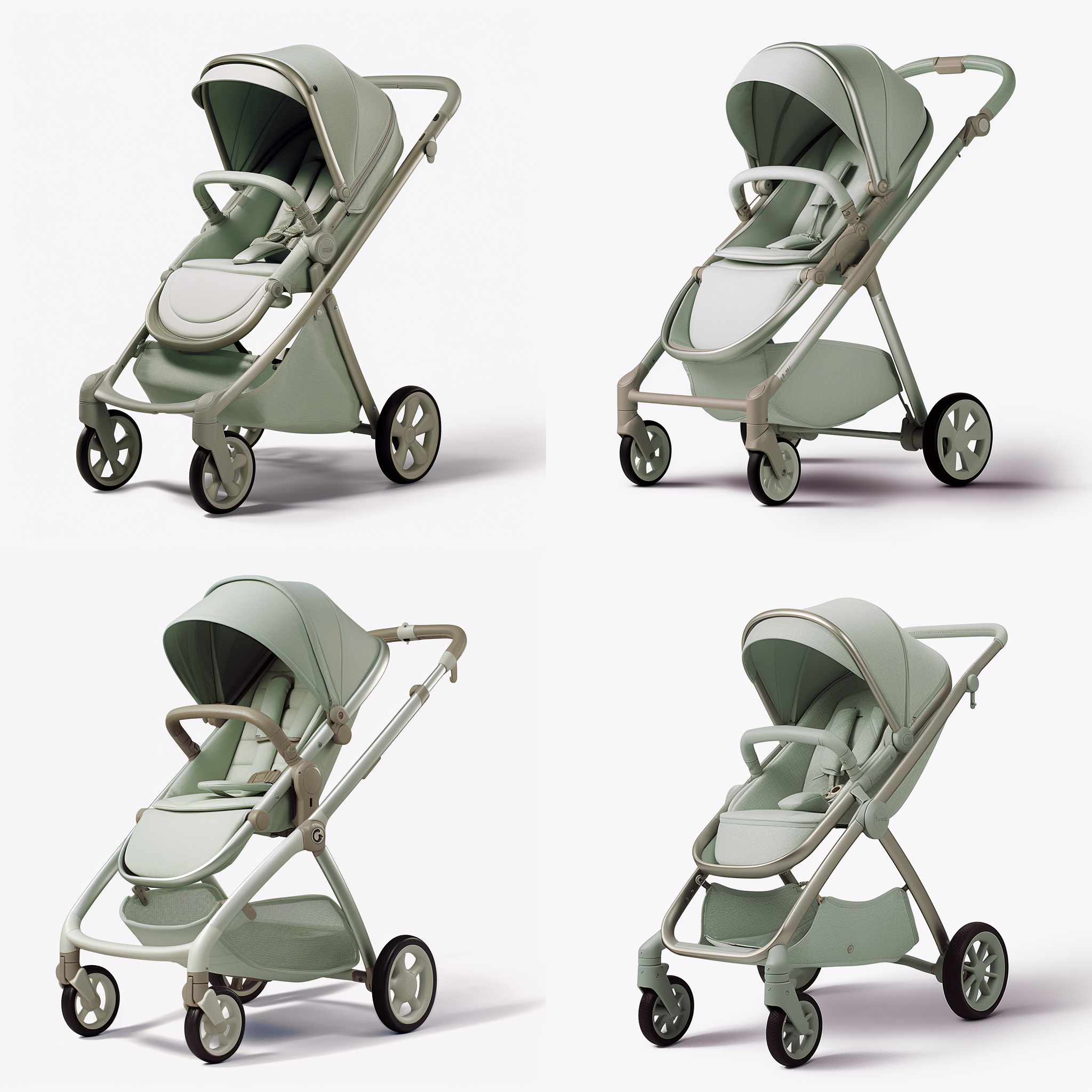 浅浅绿色有遮阳棚的婴儿推车，背景是下雪的夜晚，远处有月亮，结冰的湖，天空飘雪，真实感，高级感