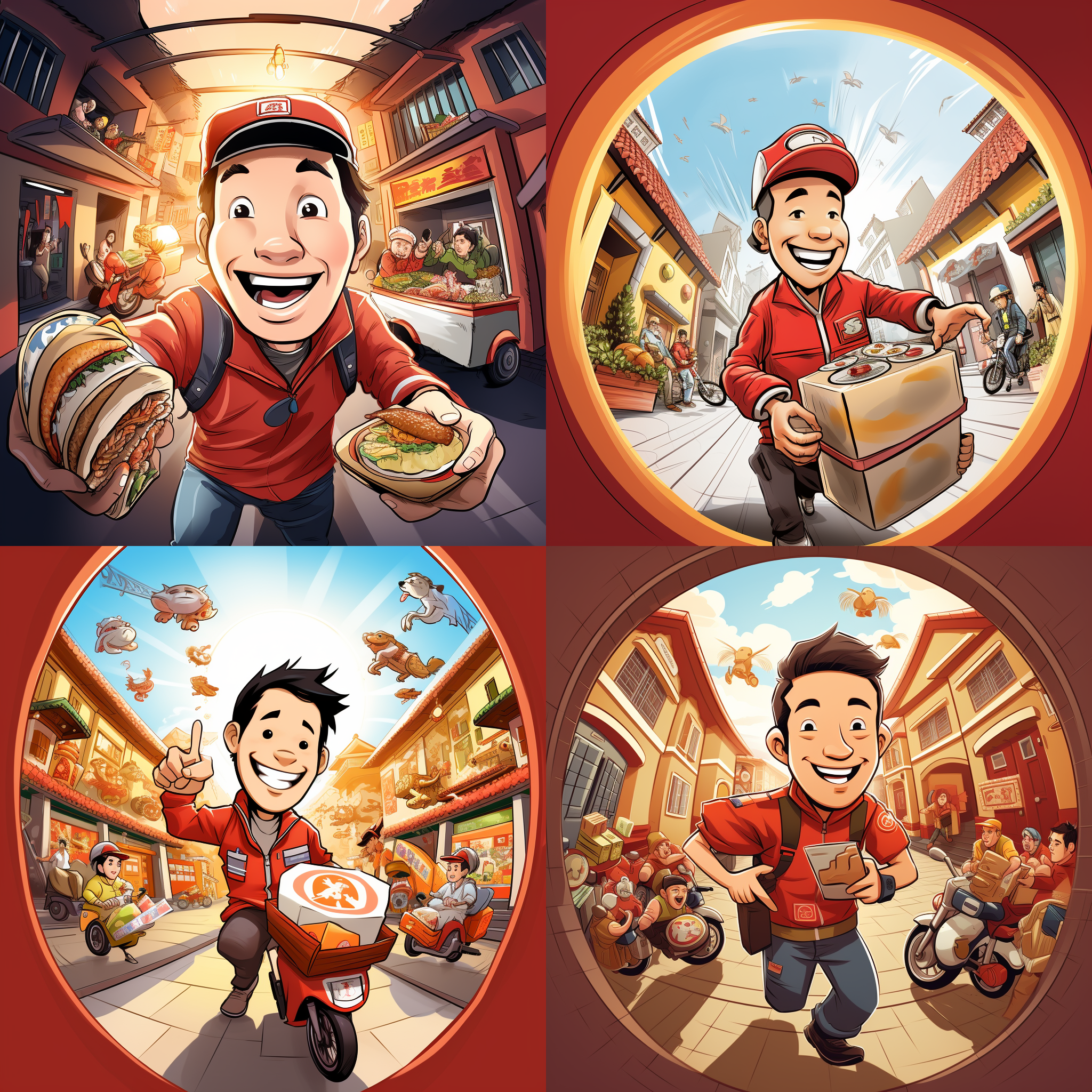 卡通外卖员送餐，充满过年氛围的场景。鱼眼透视效果强烈，色彩丰富饱满。外卖员左手拿盒子，右手按门铃，亲切的形象，传递着温暖和喜庆的情感。鱼眼透视，丰富的色彩，温暖和喜庆的情感，外卖员，送餐，过年氛围 