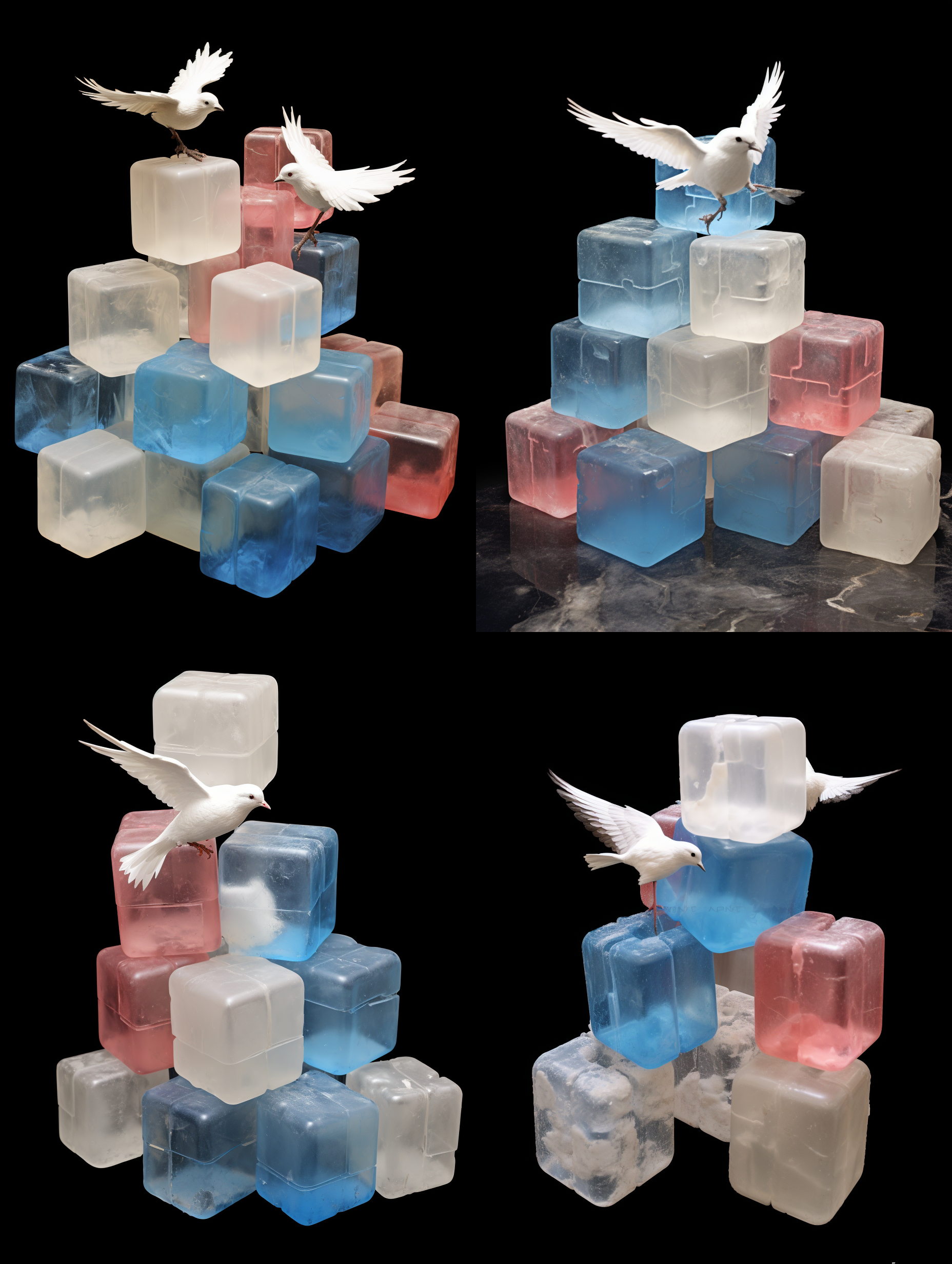 将这个物体挂在在一个空旷的白色房间的天花板下，多些方块，石膏材质的鸽子，保留方块这的细节