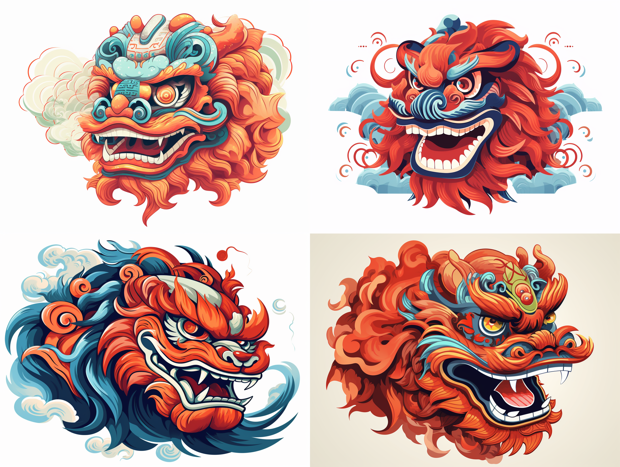 中国舞狮侧身照，年味插画，矢量图形，配色简单，白色背景，等构。