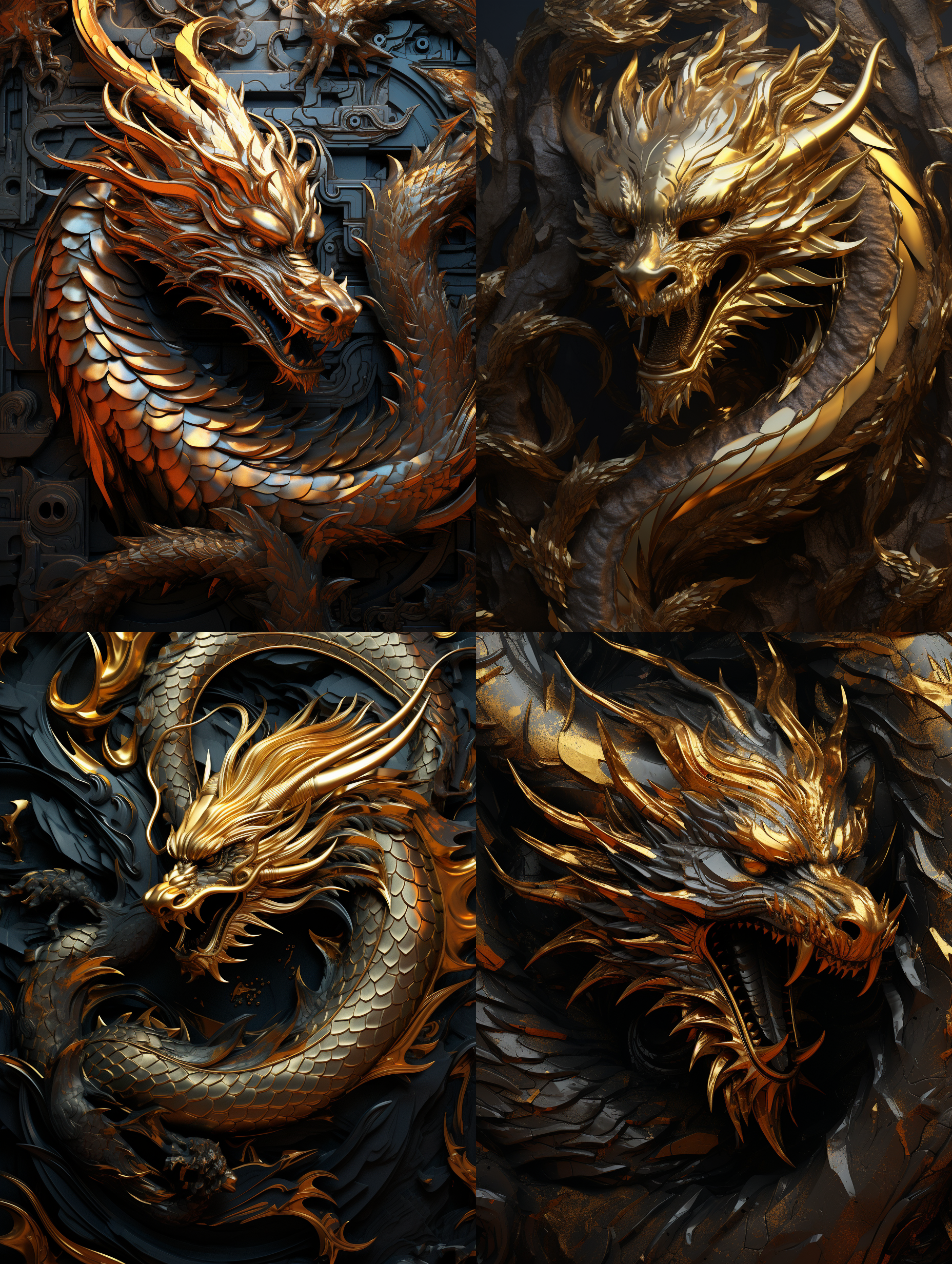 设计一个有金龙图案，很有动感，金属浮雕立体感很强，浮雕材质为细细的生锈的金属，以金色和黄色为主色调，深黑色的钢铁洪流大空搏斗，眩幻背景，16k.