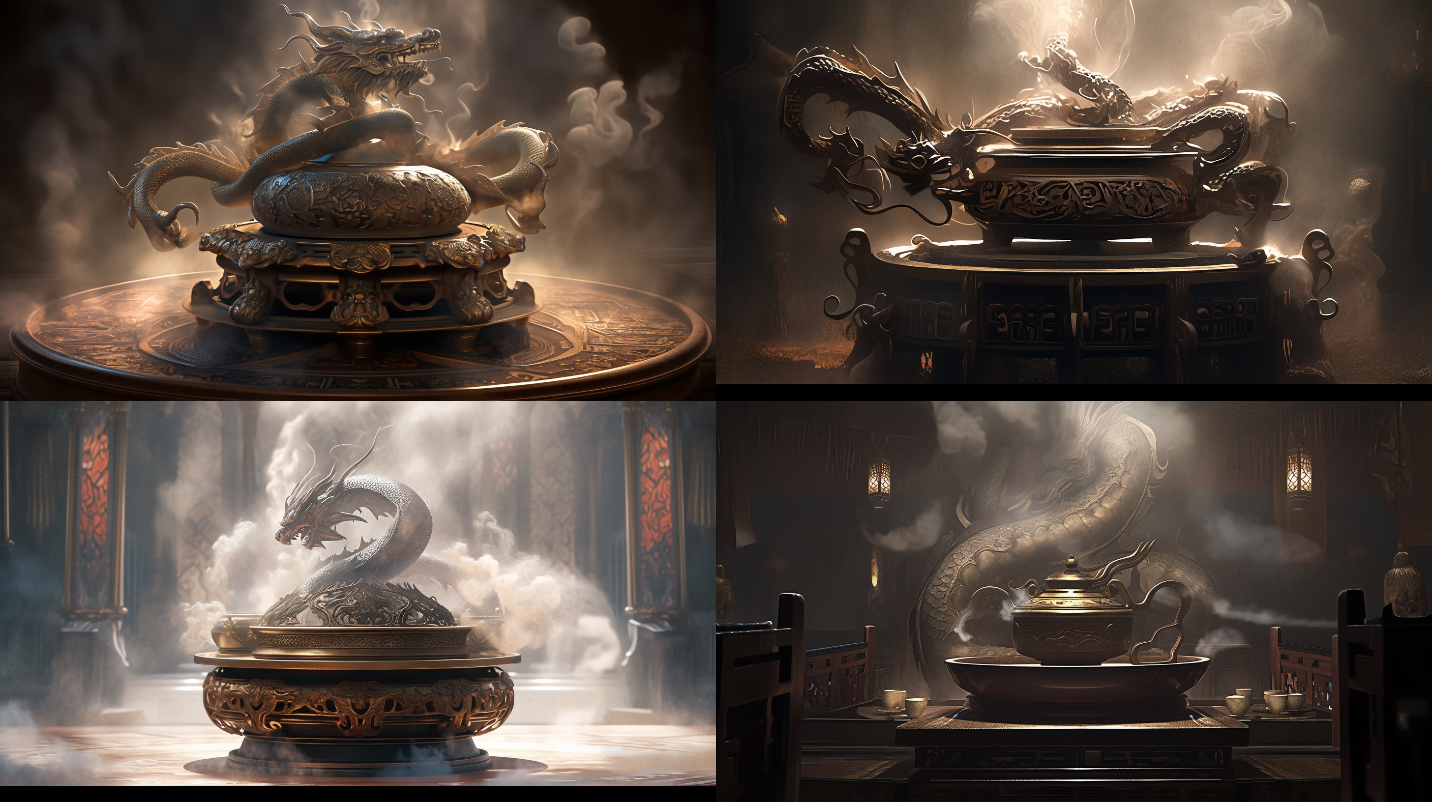 create an image showcasing a lavishly complex chinese incense burner from which smoke rises, morphing into the form of a gigantic dragon twisting and turning around the room. emphasize the meticulous texture and light-shadow effects captured with a telephoto lens, arranged diagonally across the depiction. the intriguing, soft and antique atmosphere is highlighted via a dimly lit background, amplifying the sense of mystery. 