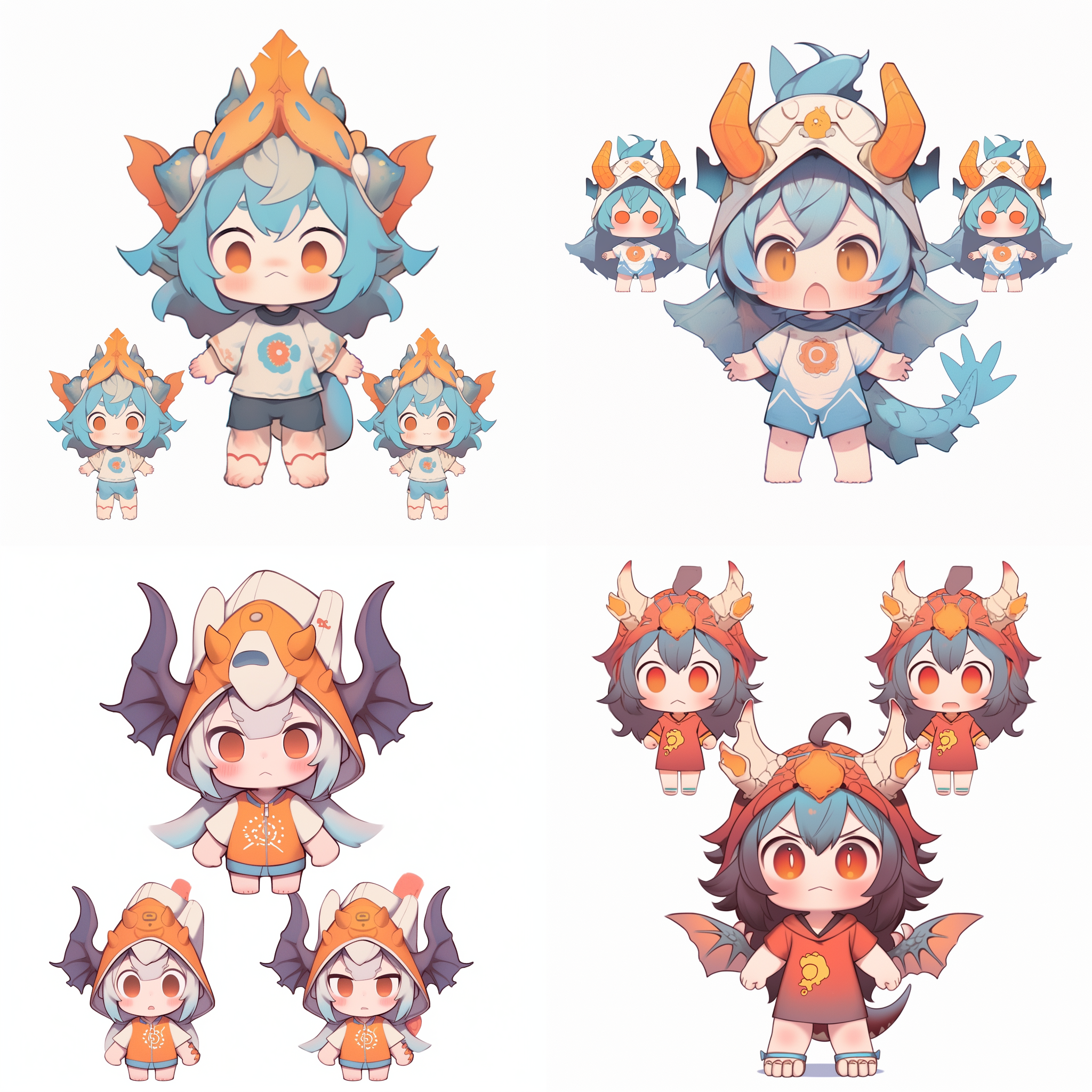 一个可爱的qversion卡通小女孩形象，穿着有龙角龙尾，全身，表情包，独立的ui设计应用图标u界面新，情感，可爱，活泼，害羞，多种姿势和表情的多功能模拟- ar