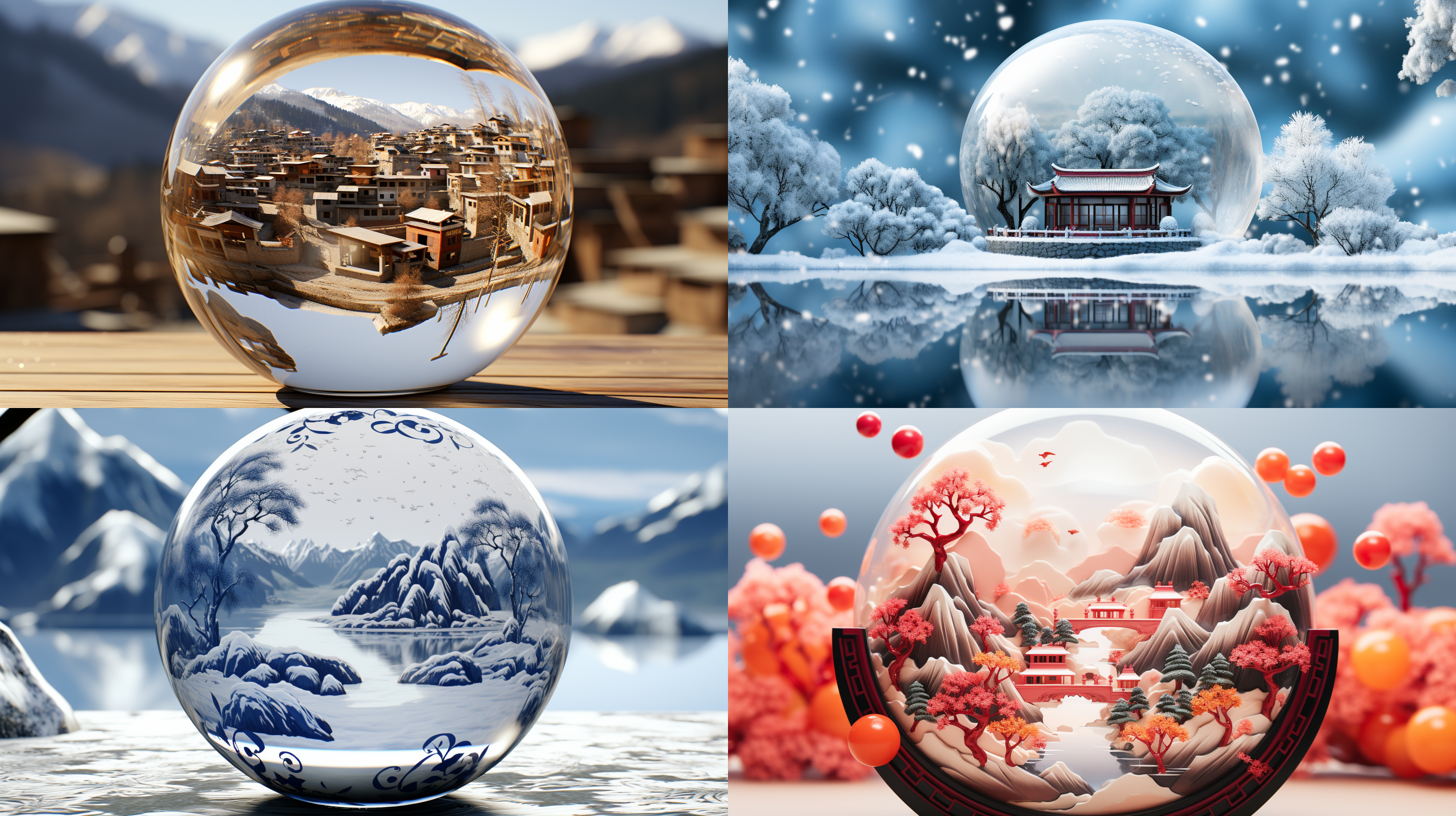 an ancient chinese attic model in a floating crystal ball，a single building, with big snow in it, light grey background, white desktop, ink dizzy staining color, translucent frosted glass texture, centered composition, 2.5d, clean, lovely, ray tracing, ос renderer,the