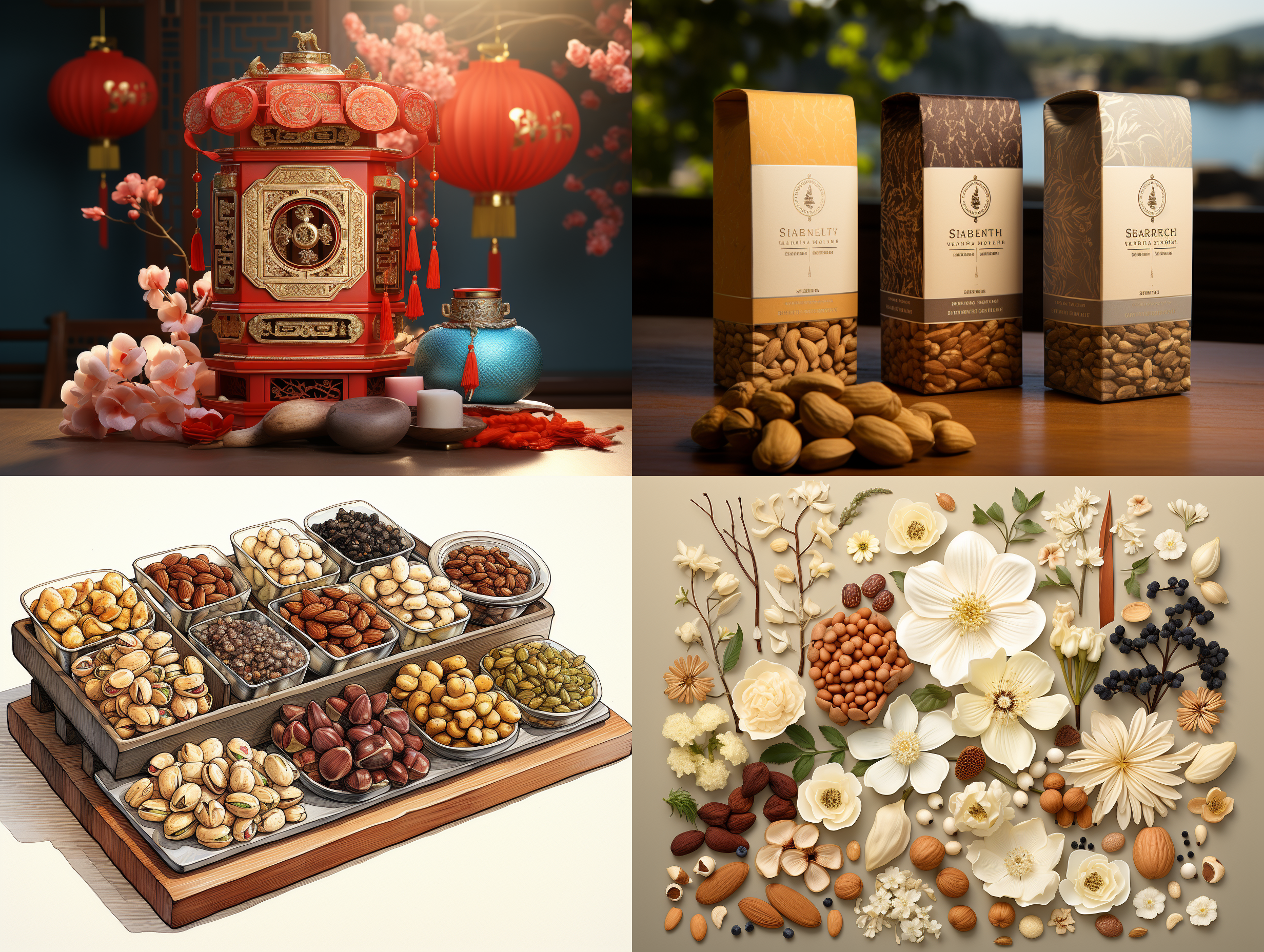 画一个坚果礼盒包装盒，要有各类坚果在上面，中国风，插画