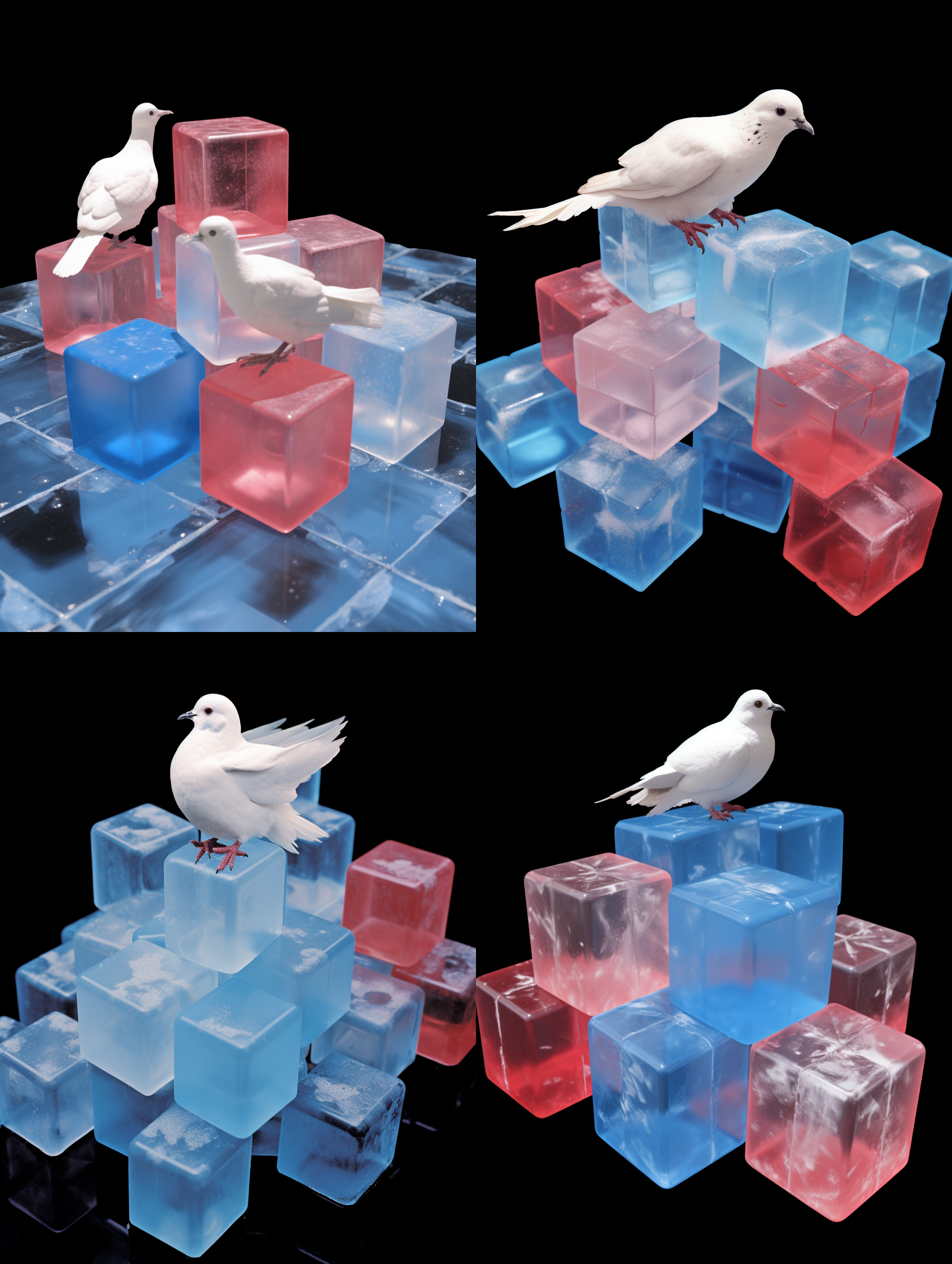 优化一下图中的装置，装置在一个巨大的白色场馆内，装置上的鸽子站在蓝色的方块上，不要站在红色上，方块只有红蓝两个颜色，鸽子在所有方块的中间，方块是堆叠的。