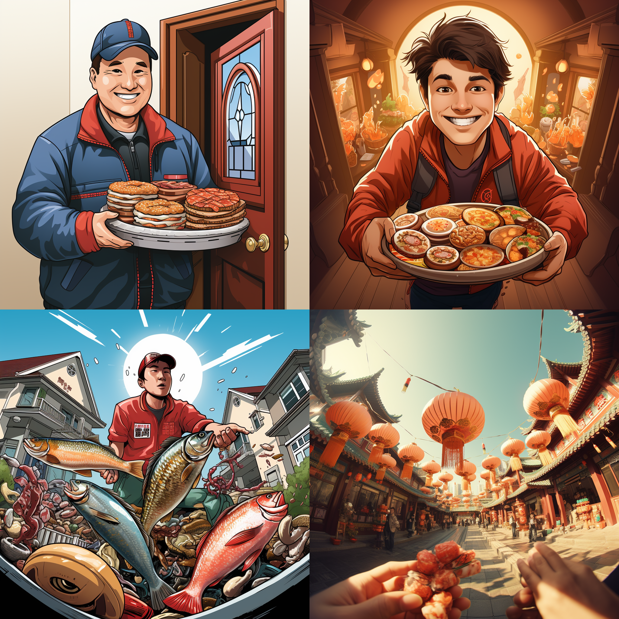 卡通外卖员送餐，充满过年氛围的场景。鱼眼透视效果强烈，色彩丰富饱满。外卖员左手拿盒子，右手按门铃，亲切的形象，传递着温暖和喜庆的情感。鱼眼透视，丰富的色彩，温暖和喜庆的情感，外卖员，送餐，过年氛围