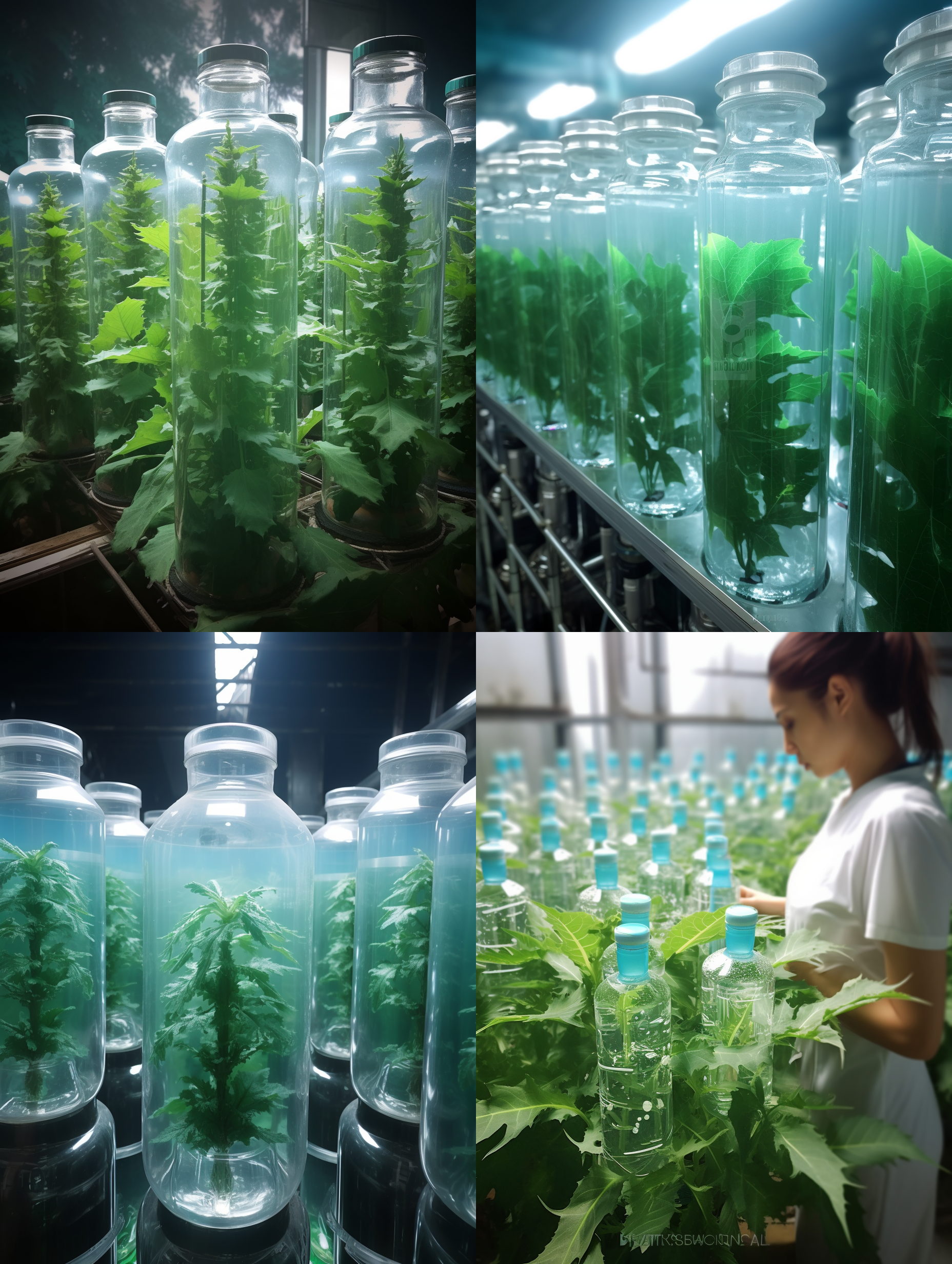 一个生命科技研究实验室的实验台上，实验室里摆满了各种生物科技实验设备仪器，玻璃容器里放着翠绿色的串叶松香草，一名ai美女机器人手持一个实验装有从串叶松香草中提取的超氧化物岐化酶（sod）液体，科技美学，顶级的画面质感，科技美学，蓝绿色调为主，充分体现科技感，顶级的摄影效果，唯美，