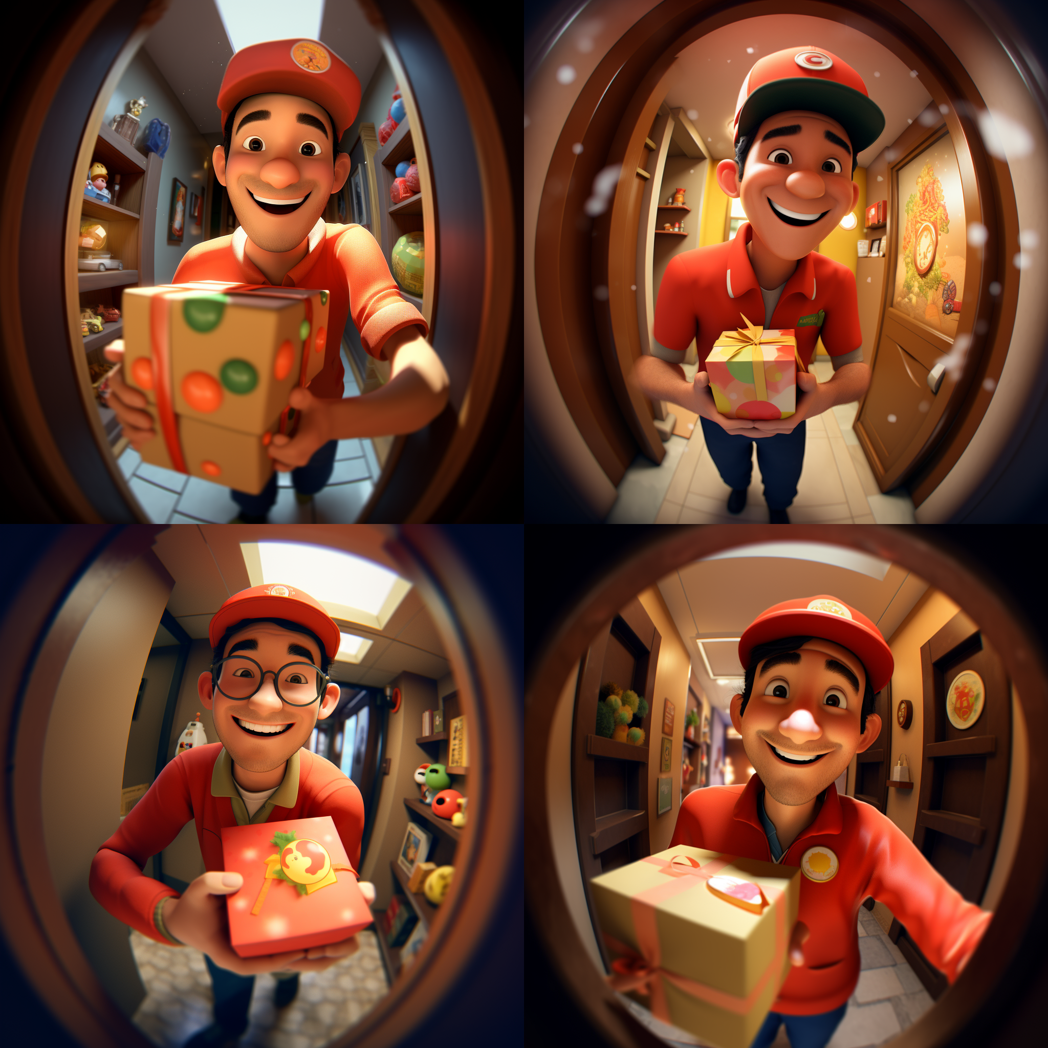 卡通外卖员微笑，鱼眼镜头电梯走道，传递着温暖和喜庆的情感。拿着盒子，镜头对准，鱼眼透视，体积照明，肖像，adrian zingg，色彩丰富，饱满，温暖，喜庆。