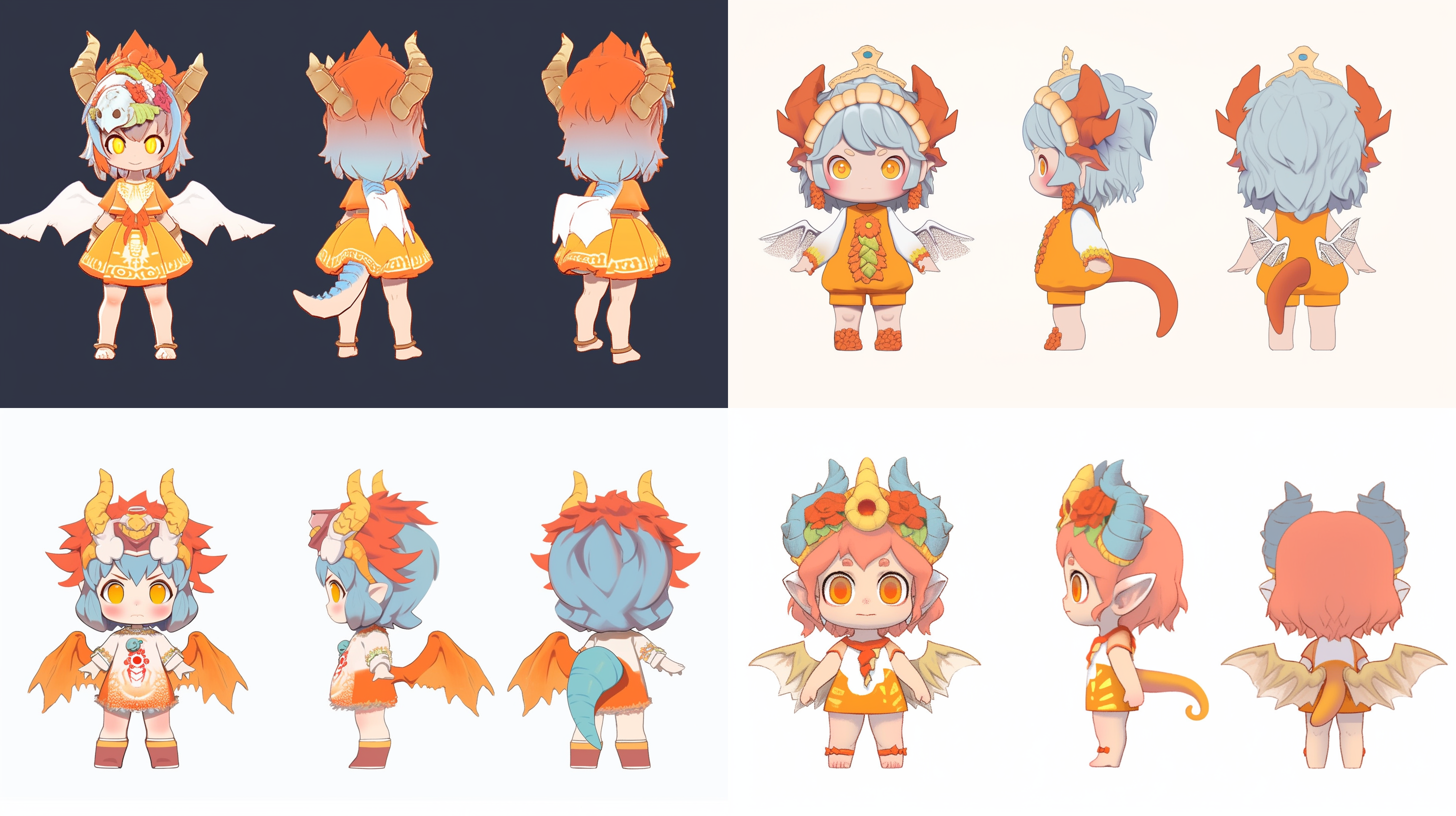 全身，生成三个视图，即正面视角、左面视角和后面视角， c4d 渲染器中以可爱的卡通 3d 模型的形式生成超级可爱的女孩，身穿中国传统服饰，穿戴龙角和龙尾，橙黄加上少部分青蓝配色，站姿，pop mart的超级可爱ip，hbi，模型，盲盒玩具，精细的光泽，干净的背景，3d渲染，0c渲染，最佳质量，4k，超级细节，pop市场玩具，工作室全身，生成三个视图，即前视图、侧视图和后视图 微笑 站 单人 超级高分辨率 大文件