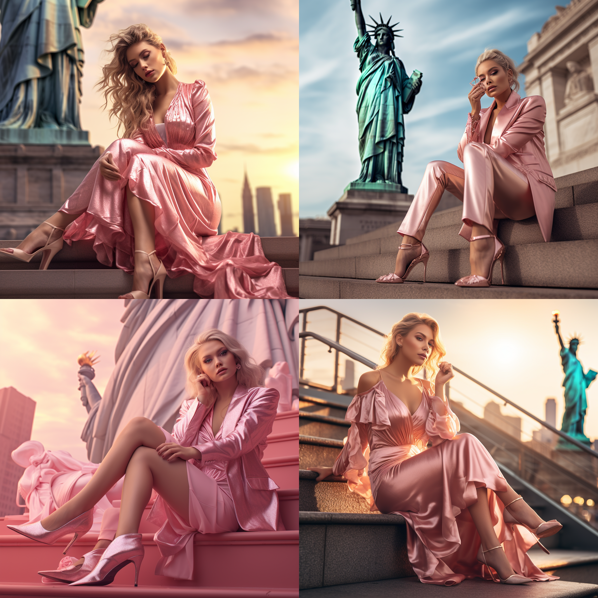 一个漂亮的金发美女，穿着粉色的时装，穿着时髦，坐在台阶上，背景自由女神，阳光照射出金色的氛围，她专注的看着她的鞋子，银色等奢侈风格的高跟鞋，凉鞋，运动鞋，她的脸上洋溢着幸福的笑容