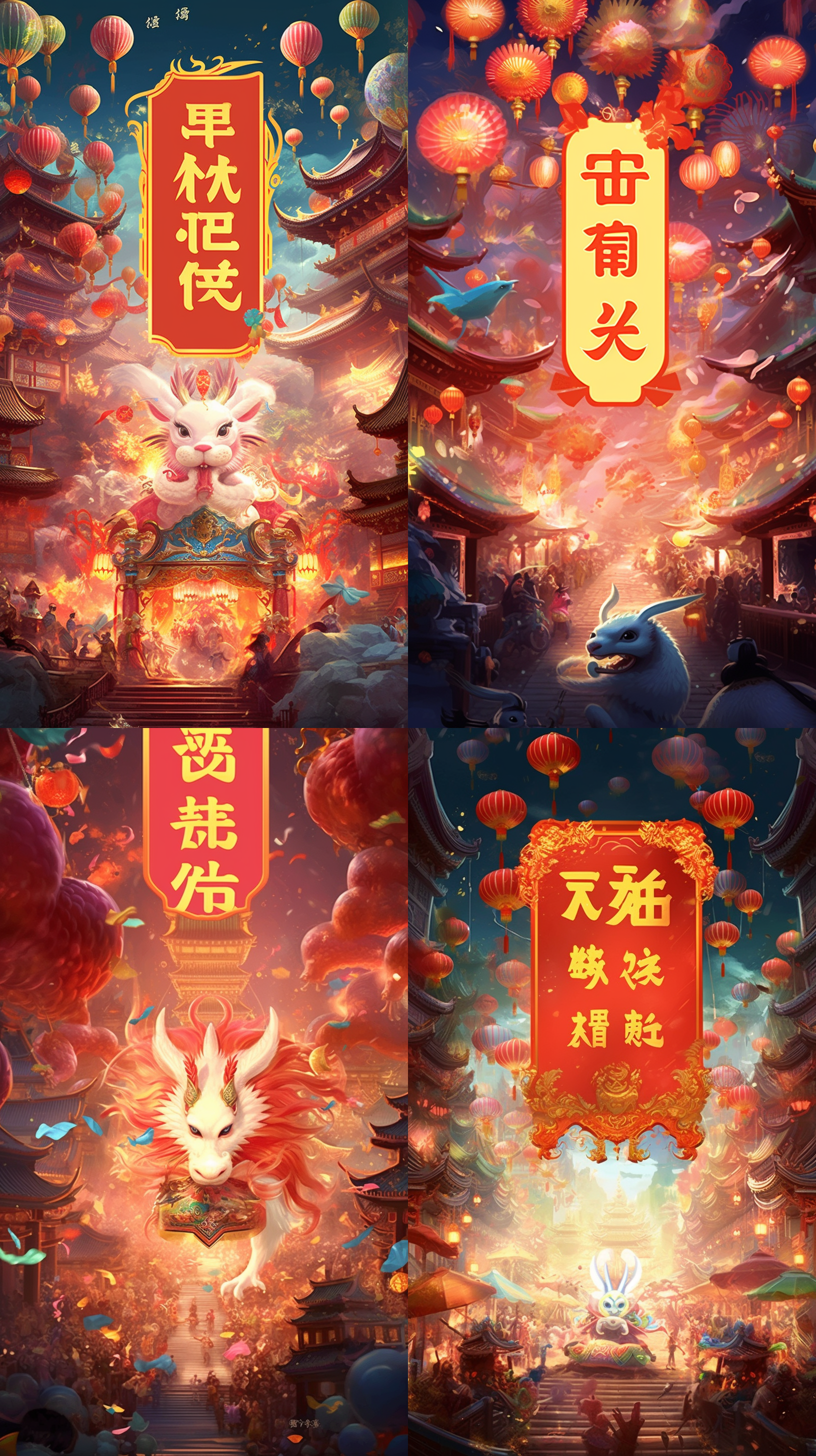 龙年春节背景，烟花绽放在夜空中，周围龙舞动盈袖，红色灯笼点缀，五彩斑斓的灯光映照出喜庆的氛围。 高分辨率