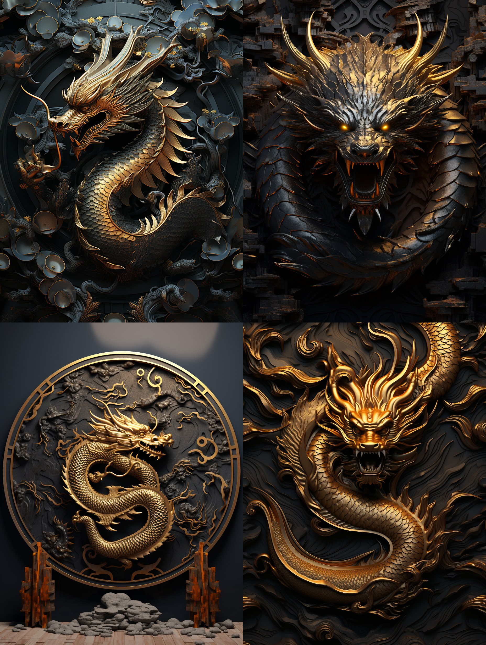 设计一个中国新年的图片，有金龙图案，很有动感，金属浮雕立体感很强，浮雕材质为细细的生锈的金属，以金色和黄色为主色调，深黑色的钢铁洪流眩幻背景，16k.