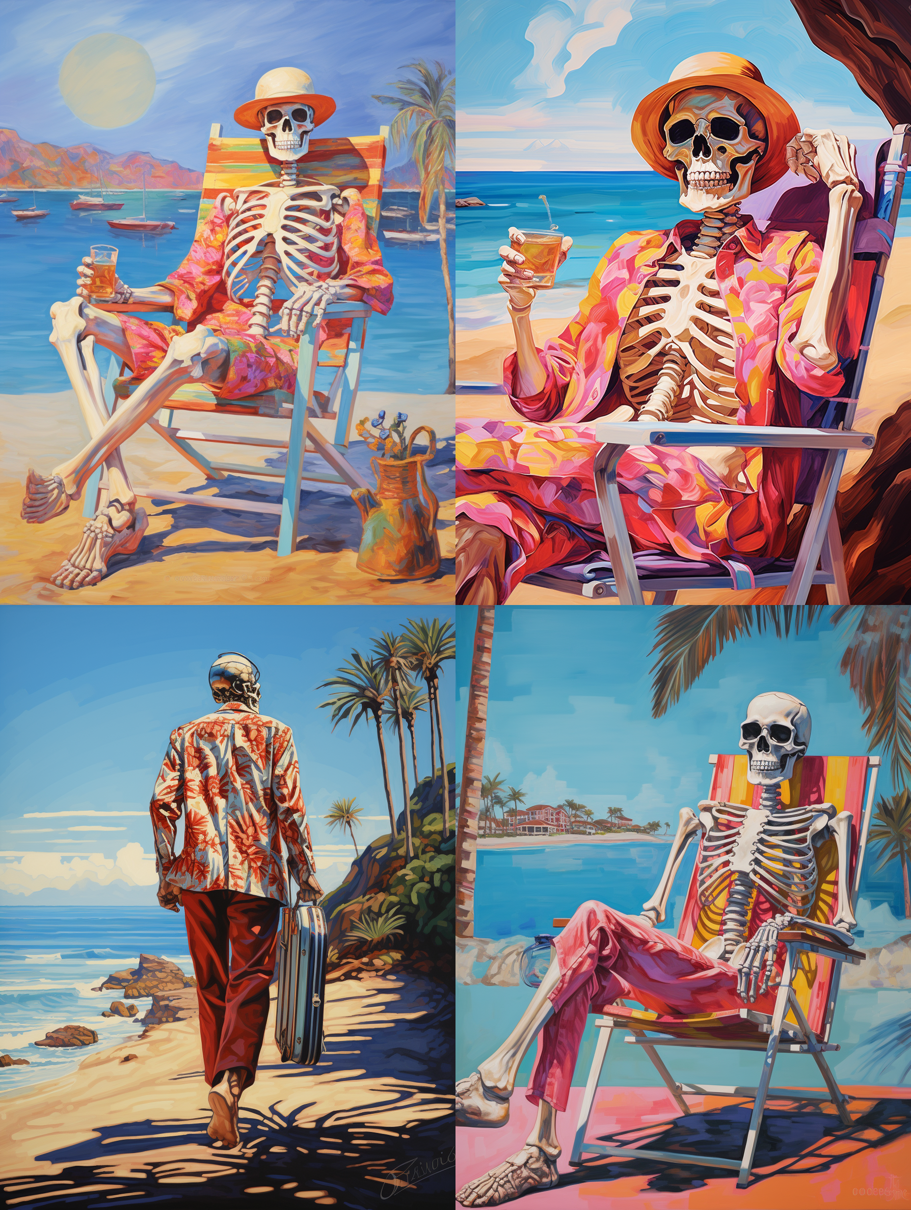 骷髅人在海边渡假，身在海边沙滩的躺椅上，穿着短衣短裤，叼着一支烟，蓝色的海水，晴朗的天空，棷树在海边，整个画面颜色艳丽