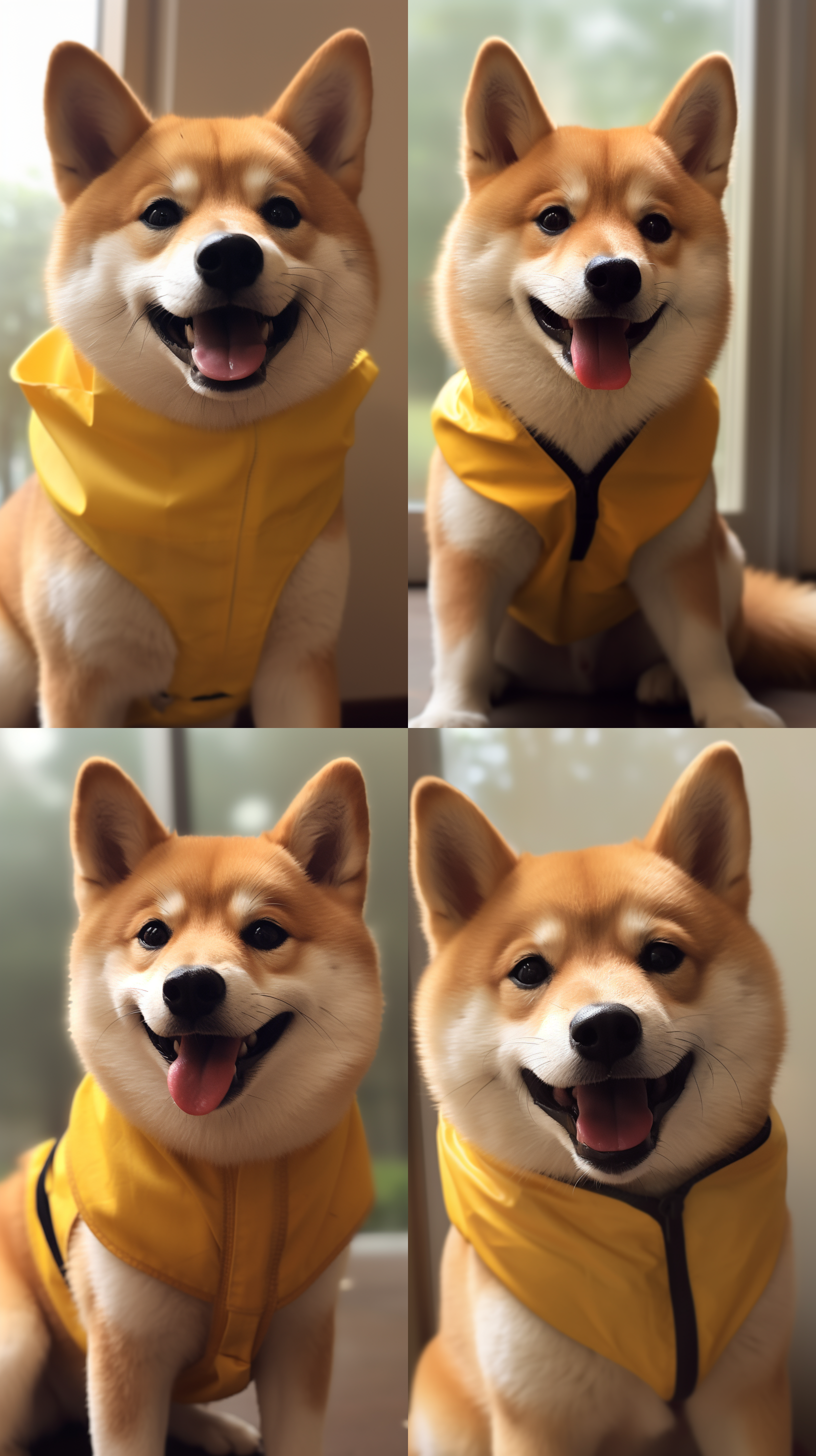 可爱的没有白色眉毛的柴犬，穿着一件黄色衣服 期待的望向你