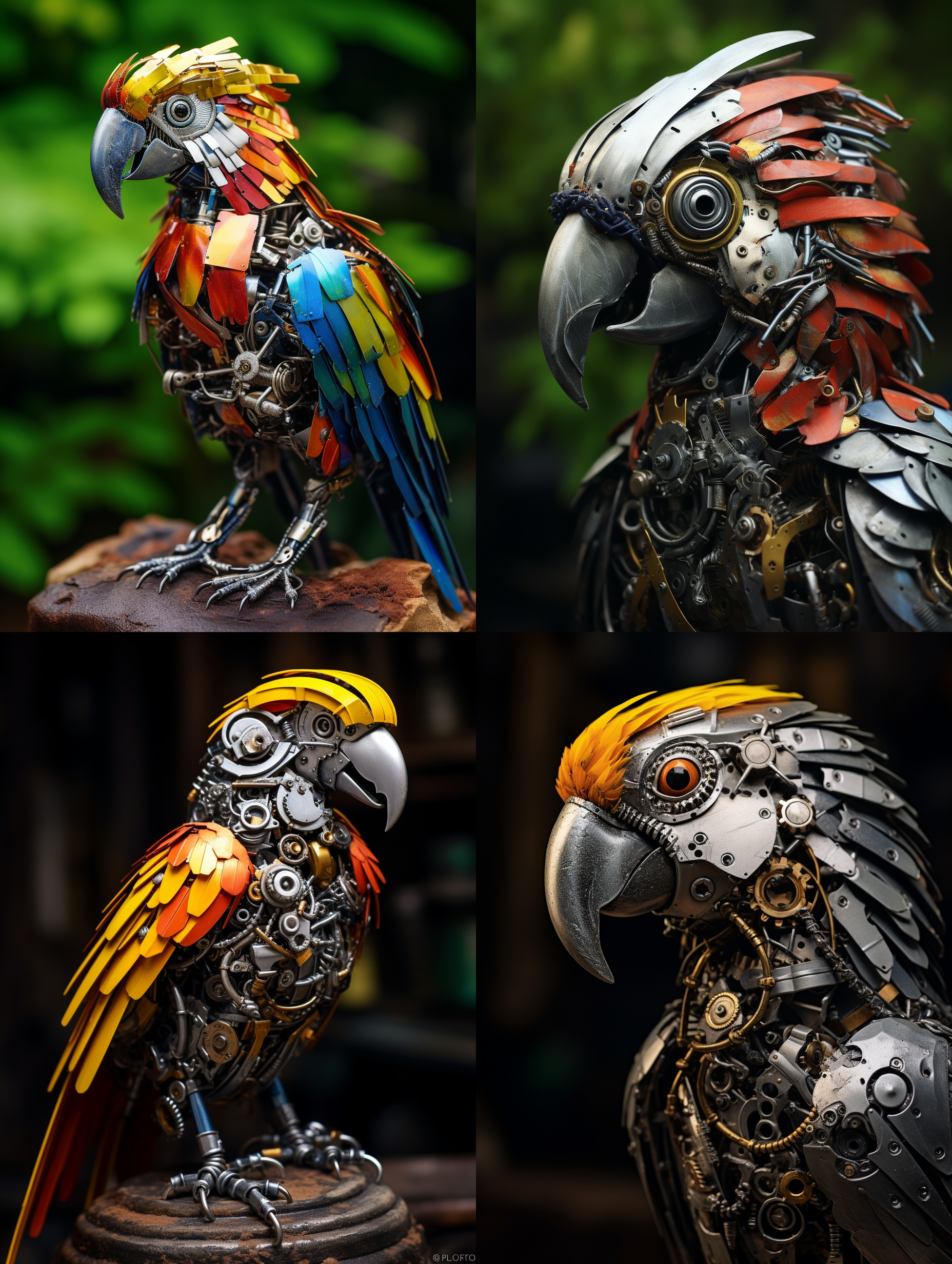 一只精美的鹦鹉鸟，用钢铁零件制作的，栩栩如生