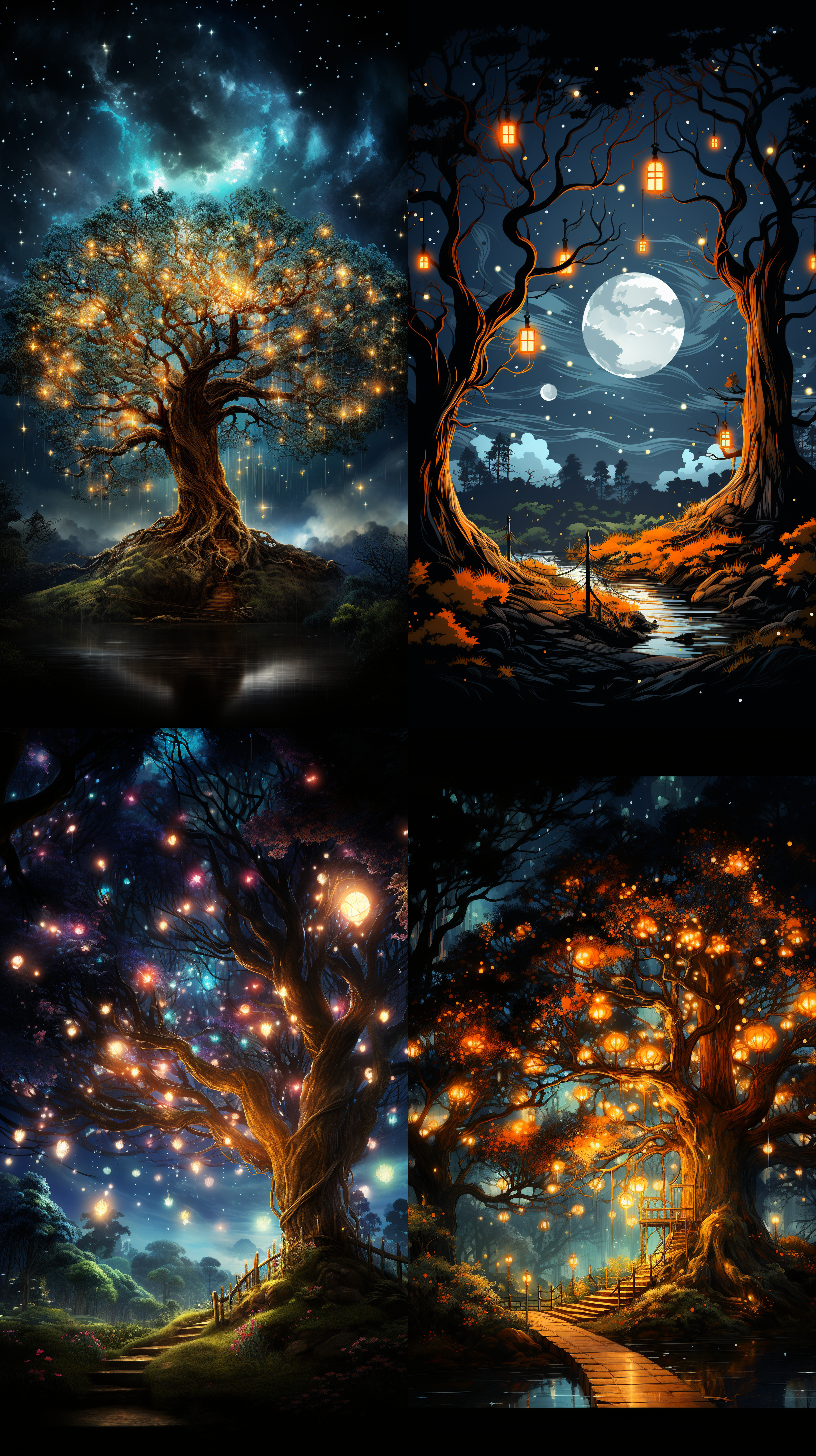 在晚上的森林里一个大树亮着很多灯，背景为蓝色星空，树枝挂着灯笼和红色彩带，地上有星光点点 树林 星星 高分辨率