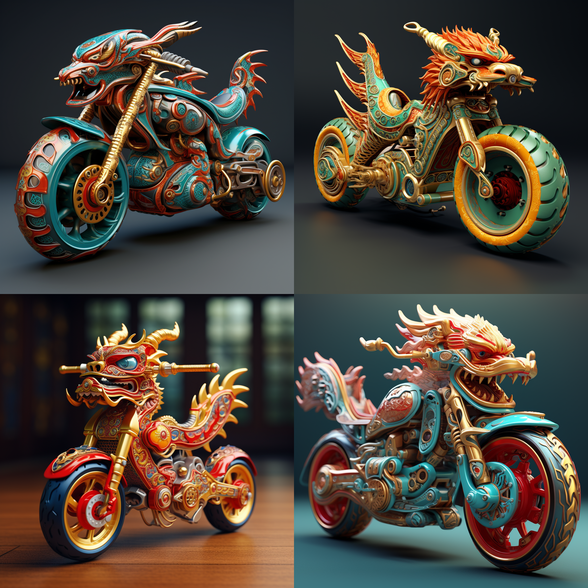 a toy motorcycle with chinese dragon,in the style of meticulous design,oc rendering,3d rendering,8k