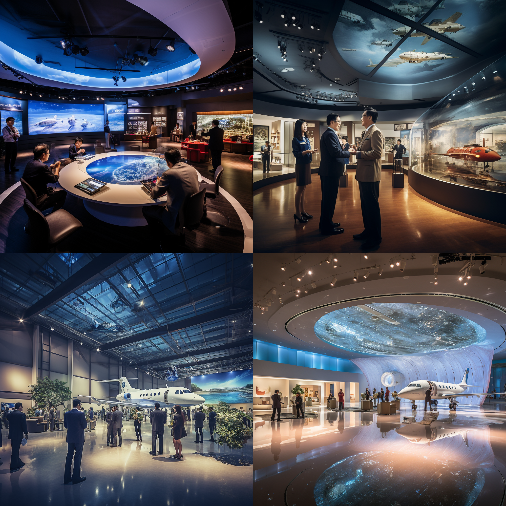 一个中国富豪正在星耀航空俱乐部展厅咨询飞行员培训课程，有专业教练接待，广角镜头，色彩鲜明，展现大型展厅场景